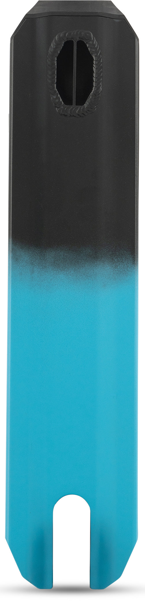 The Legacy Fade Complete Stunt Scooter by Legacy features a two-toned black and blue metal deck with a rectangular cutout at the top and a U-shaped cutout at the bottom.