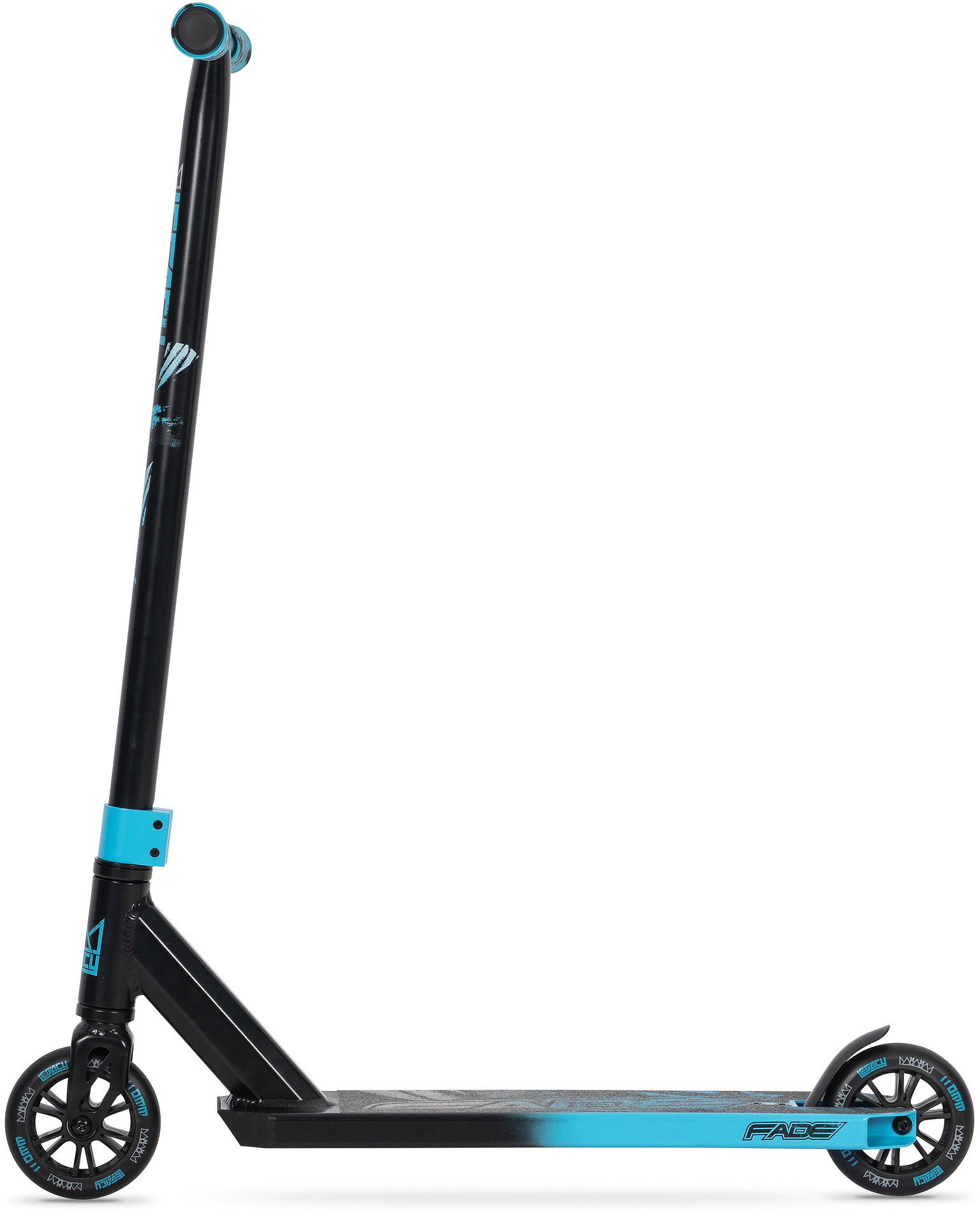 The Legacy Fade Complete Stunt Scooter by Legacy, in black and blue, features a flat deck, tall handlebar, and small wheels—ideal for beginners learning tricks. Shown from the side on a white background.
