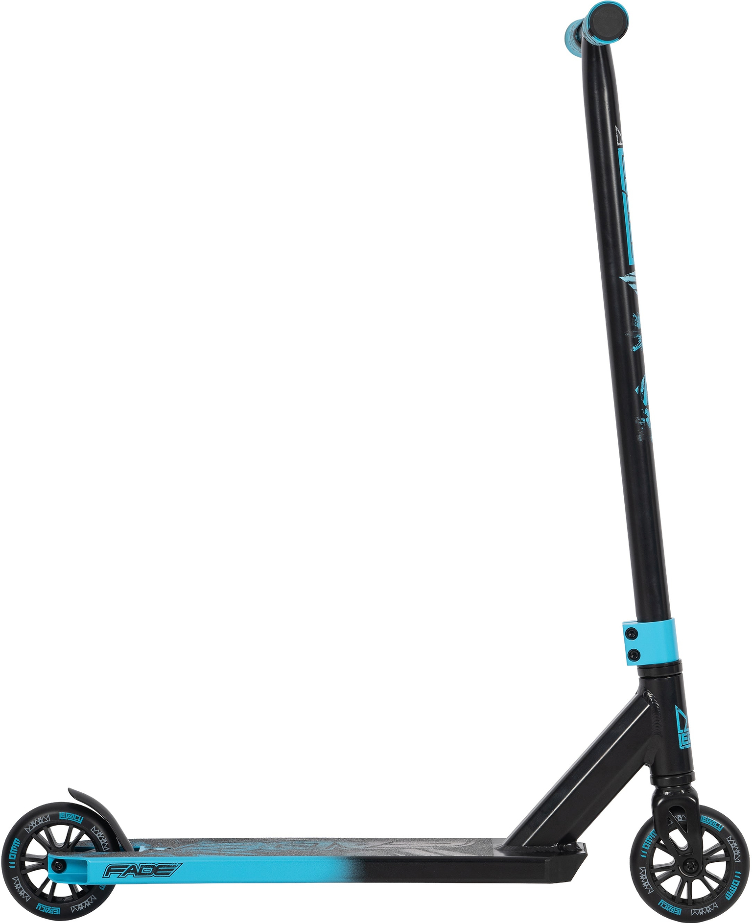 The Legacy Fade Complete Stunt Scooter by Legacy, in black and blue, features a tall handlebar, small wheels, and a flat deck. It's shown from the side against a white background.