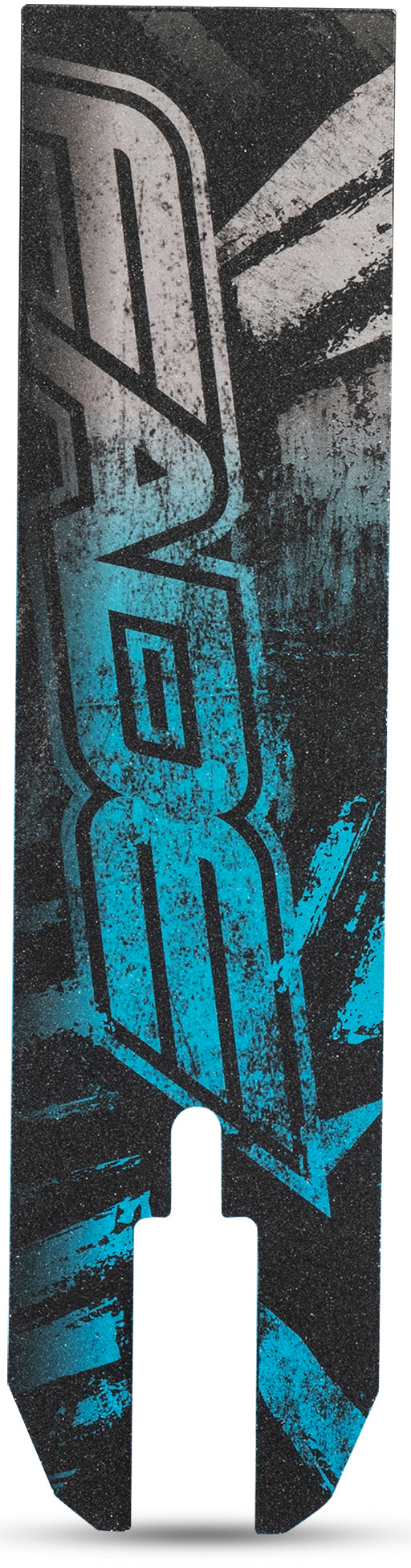 A rectangular, textured deck plate with a rough blue and black graphic and bold white outlined letters features on the Legacy Fade Complete Stunt Scooter in Black/Blue by Legacy.
