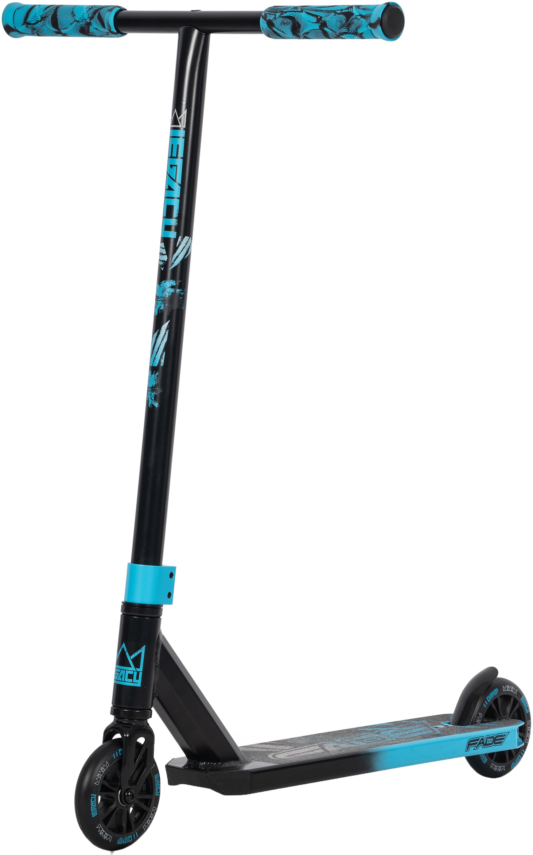 The Legacy Fade Complete Stunt Scooter by Legacy in black and blue features a T-bar handle, decorated grips, a sturdy deck, and blue-accented wheels—ideal for tricks, freestyle riding, and perfect for beginners.
