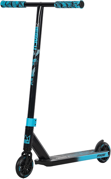The Legacy Fade Complete Stunt Scooter by Legacy in black and blue features a T-bar handle, decorated grips, a sturdy deck, and blue-accented wheels—ideal for tricks, freestyle riding, and perfect for beginners.
