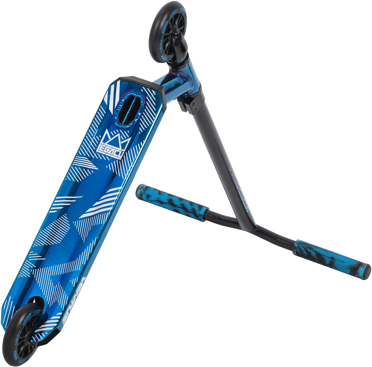 The Legacy Ventus Complete Stunt Scooter - Blu Ray Chrome by Legacy features a patterned deck, angled handlebars, and two small wheels—ideal for skatepark tricks and freestyle scooter stunts. Shown in a blue and black tilted design.