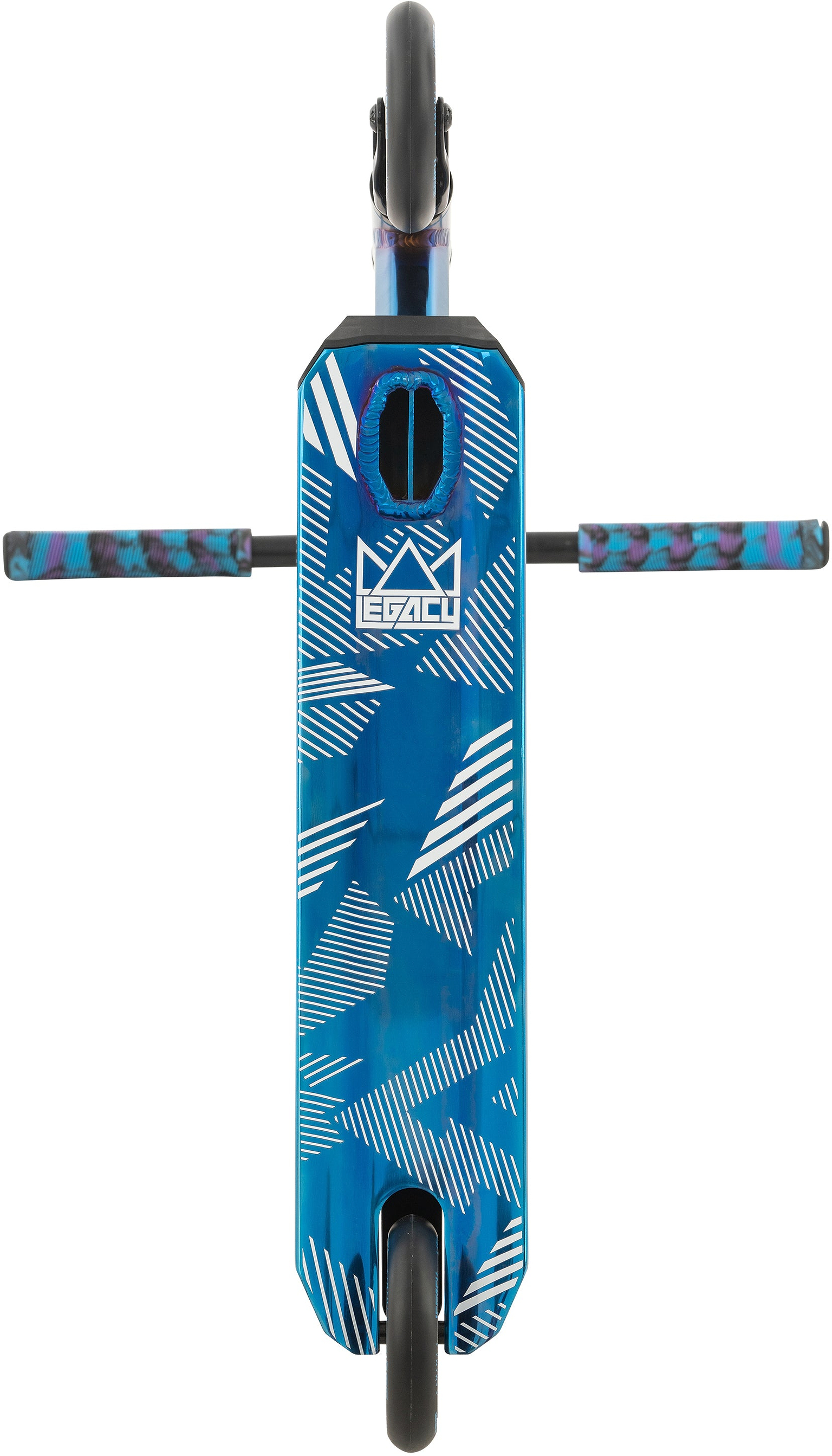 Top view of the Legacy Ventus Complete Stunt Scooter - Blu Ray Chrome: blue deck with white lines, two wheels, and handlebars with blue, purple, and black grips. The "Legacy" brand pops on the deck—ideal for any skatepark stunt scooter fan.