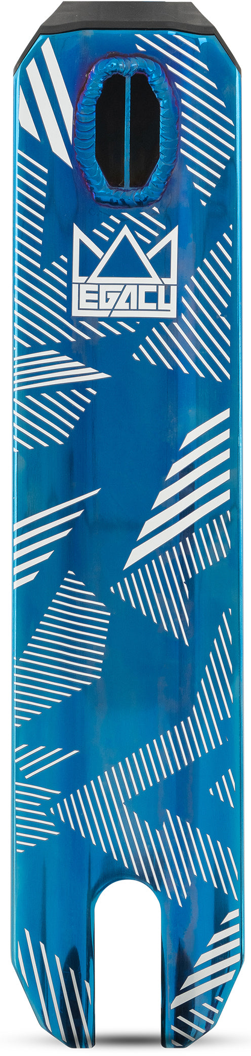The Legacy Ventus Complete Stunt Scooter - Blu Ray Chrome features a blue deck with white geometric patterns, an angular "LEGACY" logo, a top cutout, and a metallic finish—ideal for any skatepark setup.