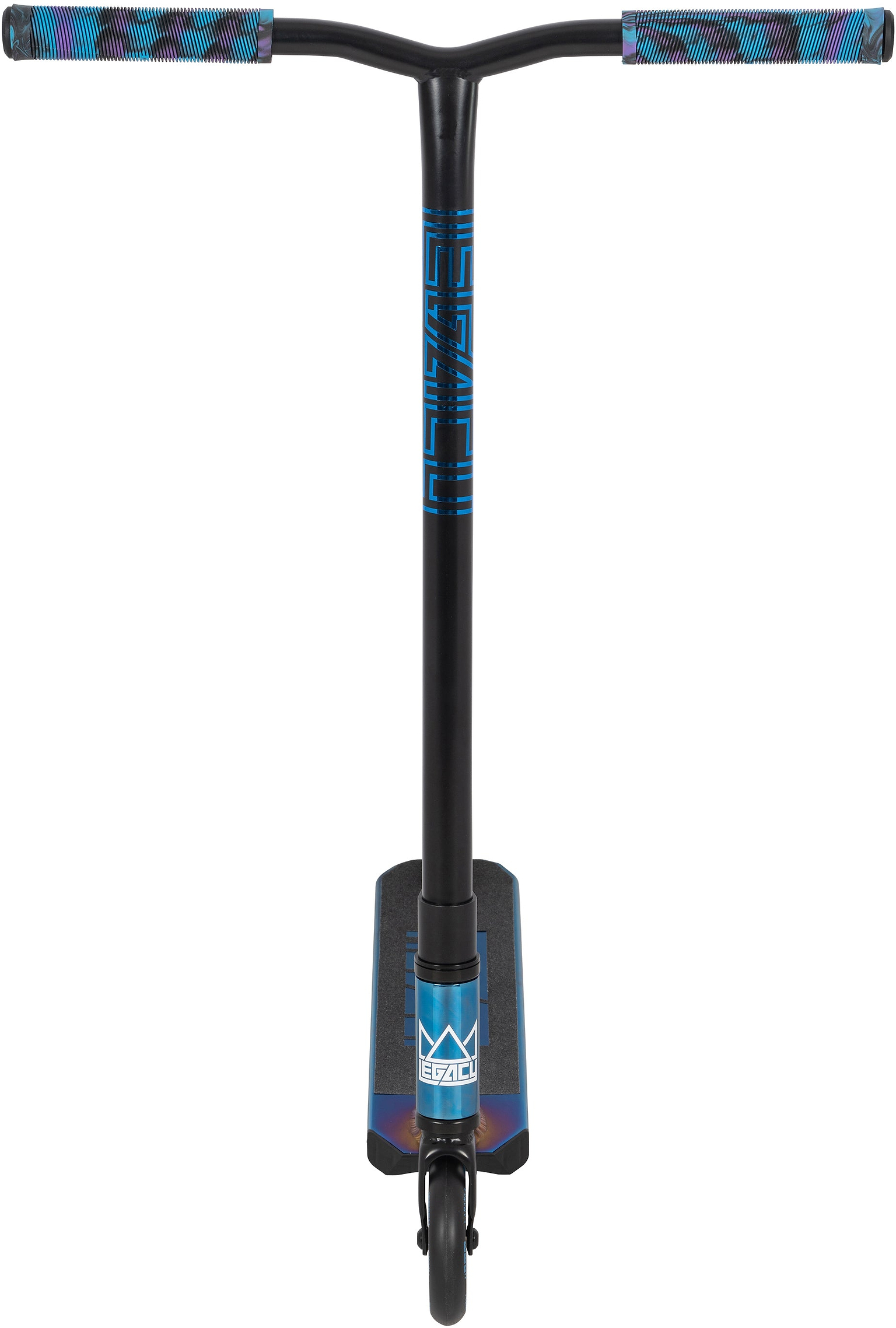 The Legacy Ventus Complete Stunt Scooter - Blu Ray Chrome by Legacy features wide handlebars with patterned grips, a narrow deck, and a single front wheel in black and blue—ideal for performing tricks at the skatepark.