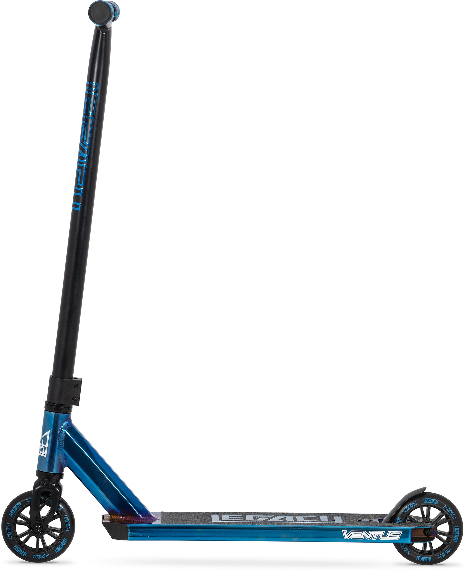 The Legacy Ventus Complete Stunt Scooter - Blu Ray Chrome by Legacy features a long black handlebar, two black wheels, and "VENTUS" on the deck—perfect for skatepark tricks.