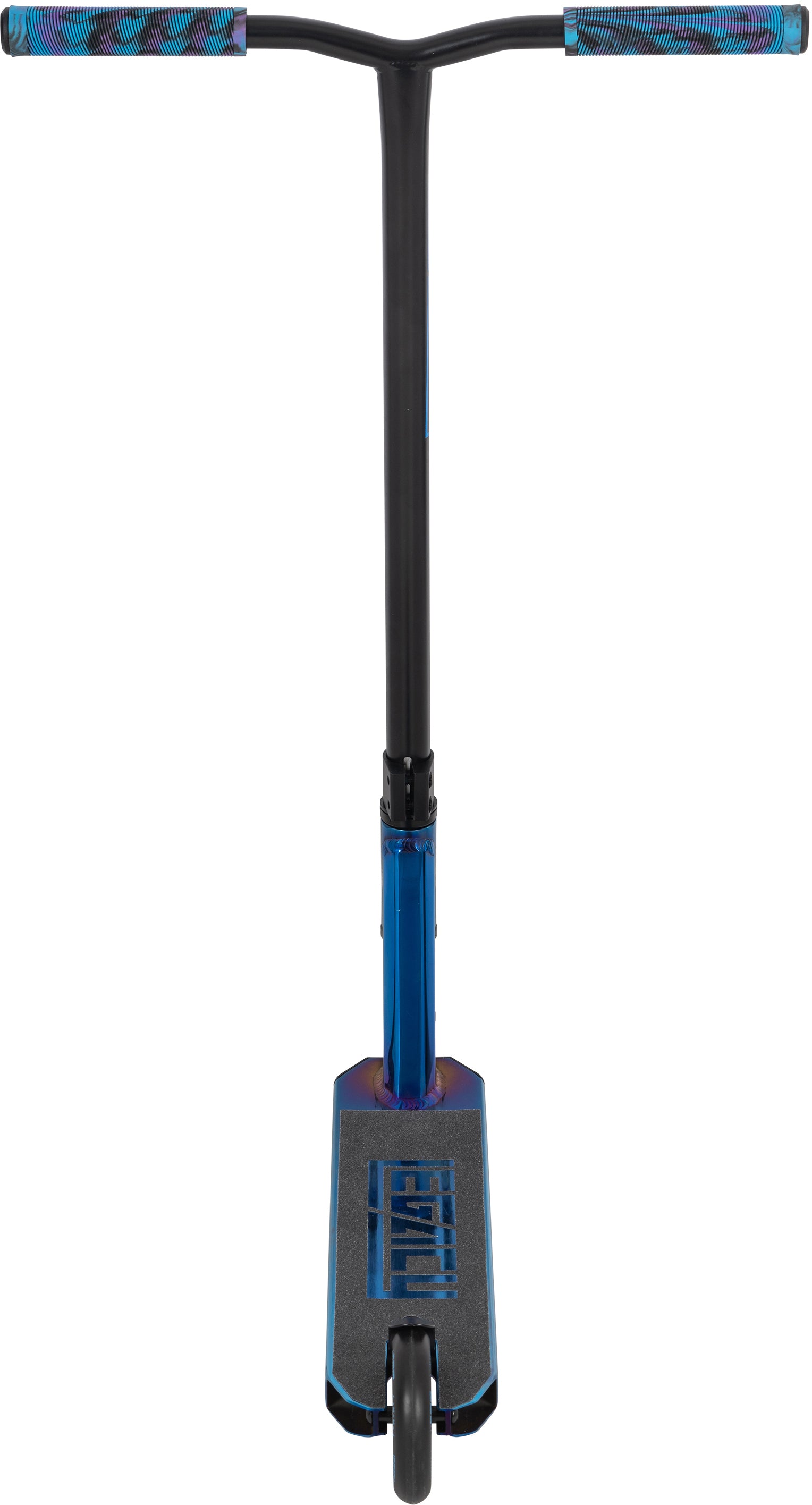 Front view of the Legacy Ventus Complete Stunt Scooter - Blu Ray Chrome by Legacy, featuring blue and black accents, textured handlebar grips, and a wide deck against a white background.