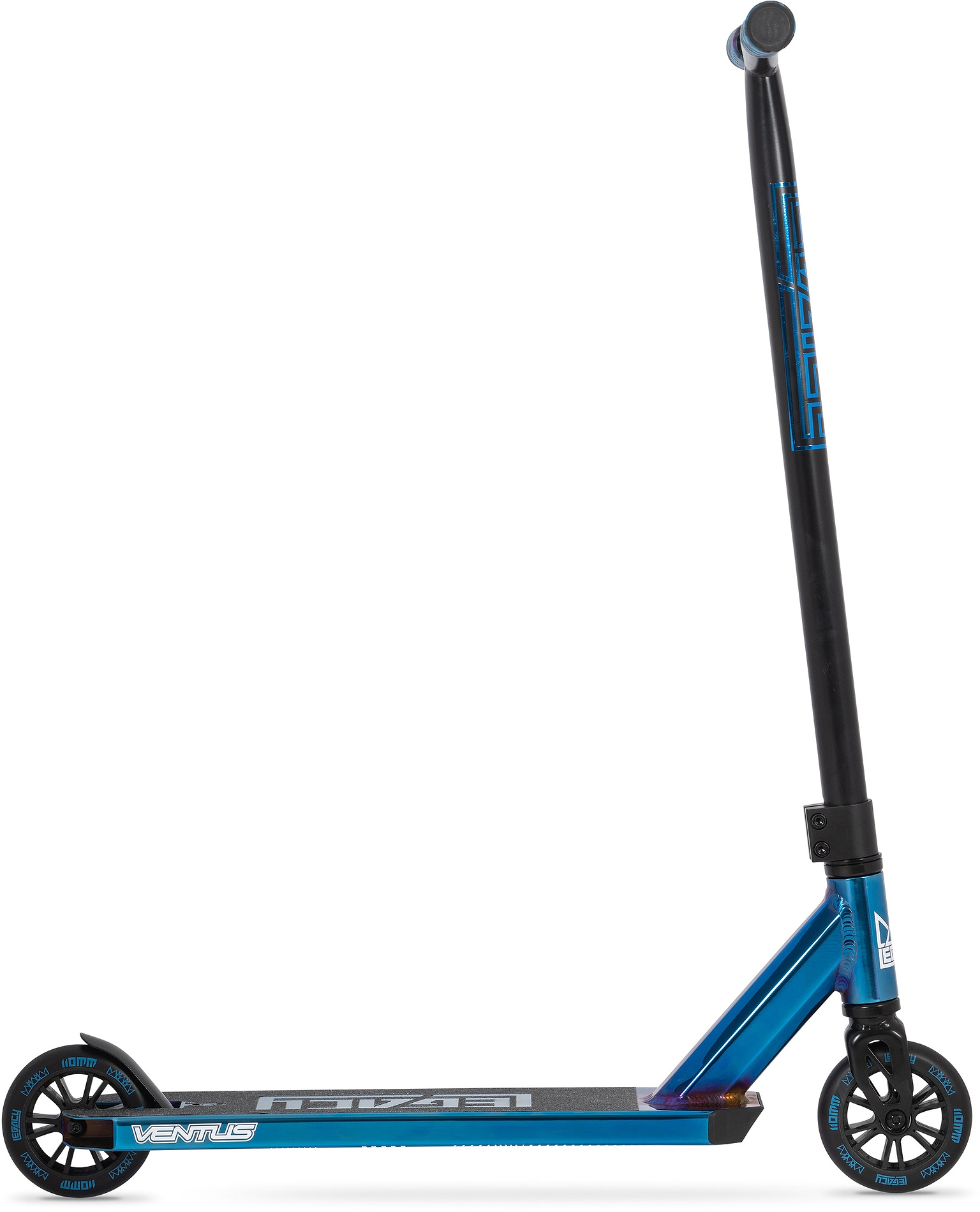 The Legacy Ventus Complete Stunt Scooter - Blu Ray Chrome by Legacy features a sturdy blue and black deck with "VENTUS" printed on it, two black wheels, and an upright handlebar—perfect for skatepark tricks with its sleek, modern design.