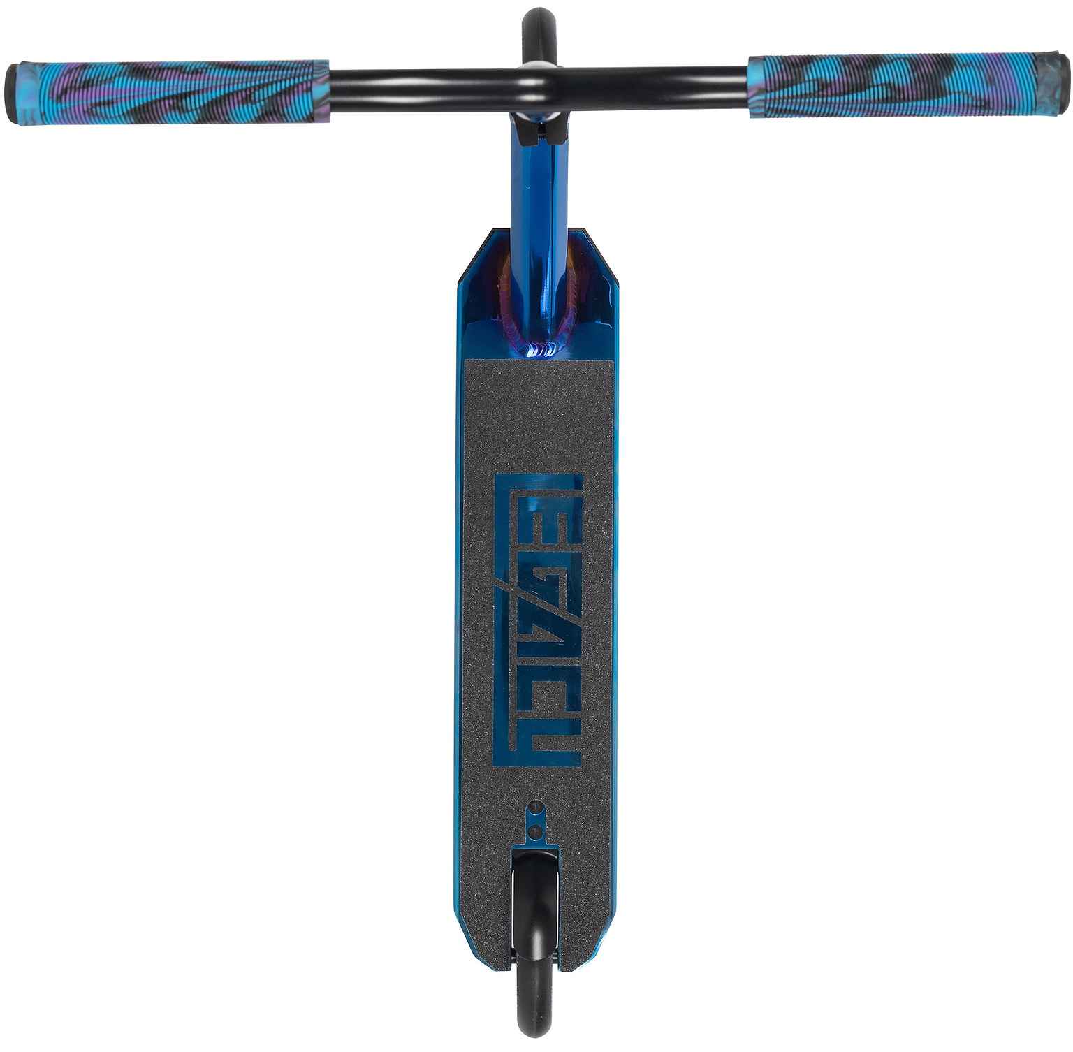 The Legacy Ventus Complete Stunt Scooter - Blu Ray Chrome features black handlebars, multicolored grips, and a deck with "LEGACY" cut out in the grip tape—ideal for skatepark stunts.
