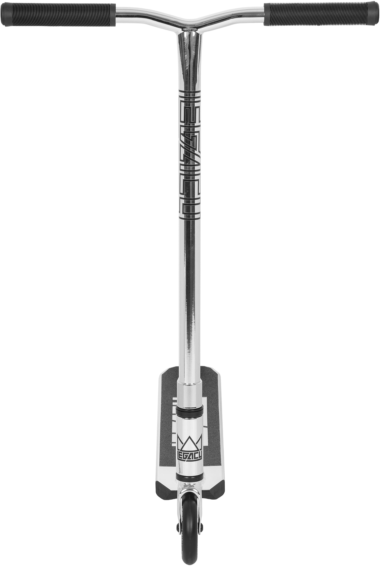 Front view of the Legacy Ventus Complete Stunt Scooter in chrome and black with rubber handlebar grips, a textured deck, and a single front wheel. Ideal as a pro stunt scooter for tricks. Brand: Legacy.
