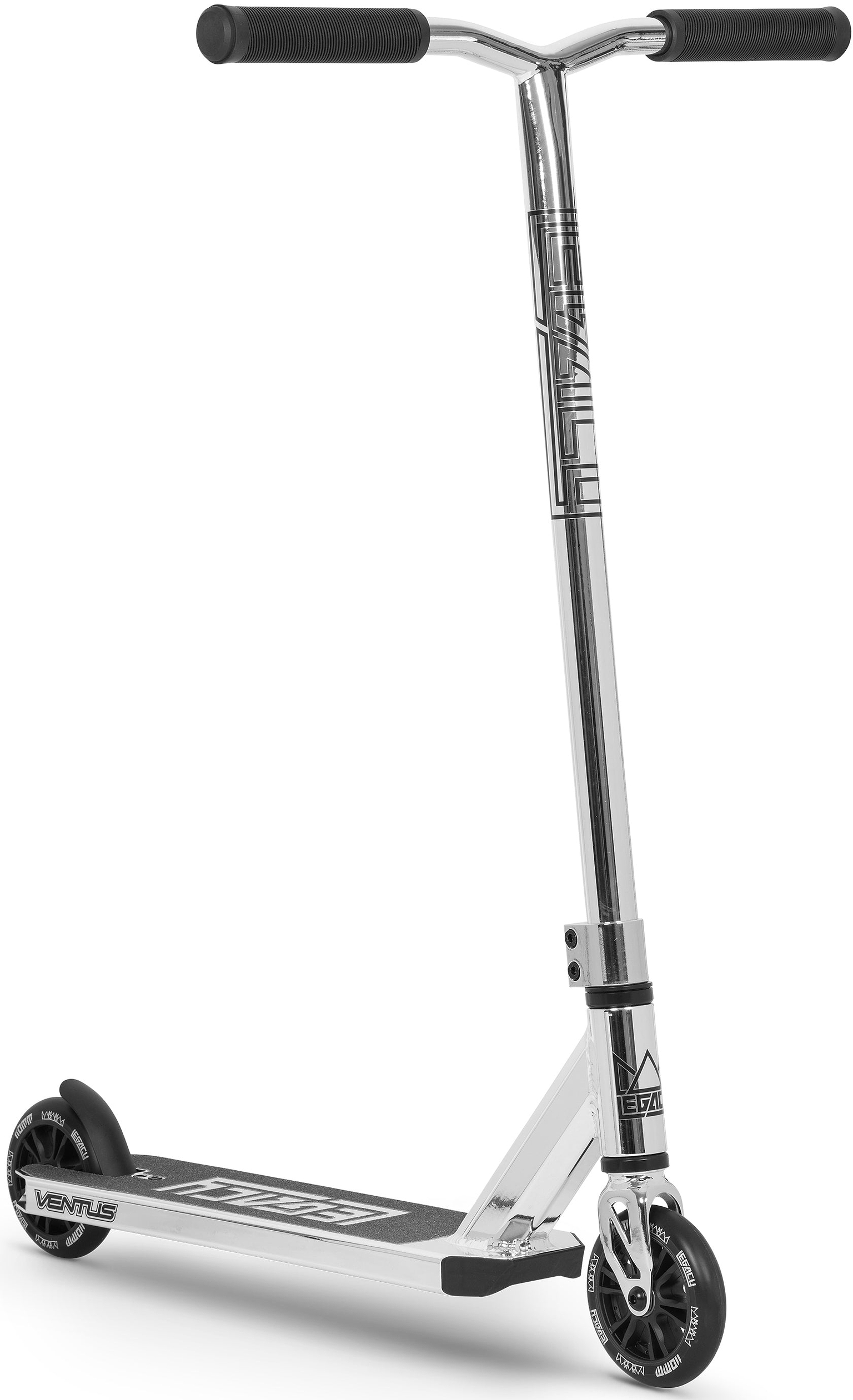 The Legacy Ventus Complete Stunt Scooter by Legacy features a chrome and black design with black handlebars, black grip tape on the deck, and black wheels. The scooter is shown at an angle to display both wheels and the deck.