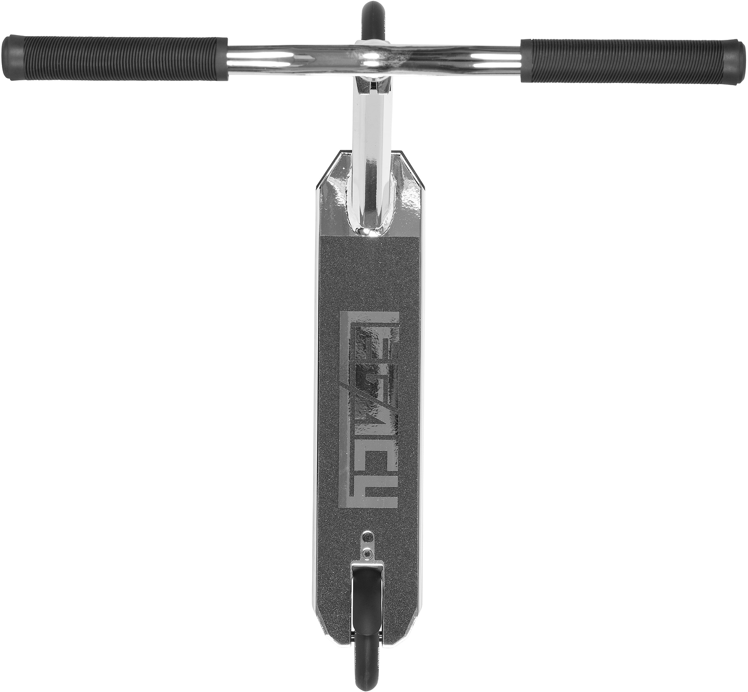 The Legacy Ventus Complete Stunt Scooter in chrome and black, by Legacy, is shown top-down with black grips and a wide deck featuring a bold "LEGACY" logo—perfect for landing tricks at the skatepark.