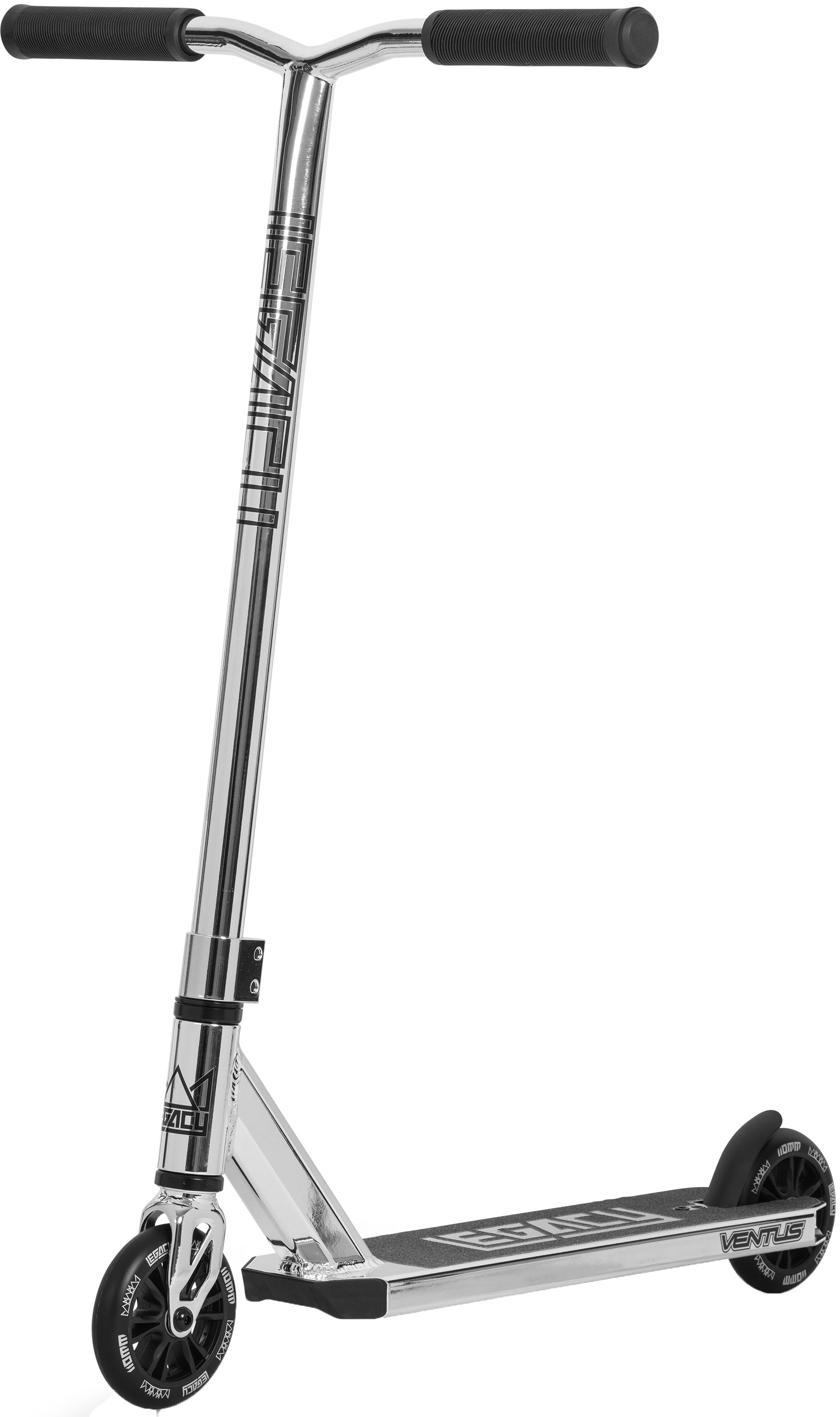 The Legacy Ventus Complete Stunt Scooter features a durable chrome frame, black handlebars and wheels, plus "VENTUS" branding on the deck. This pro scooter by Legacy stands upright against a white background.