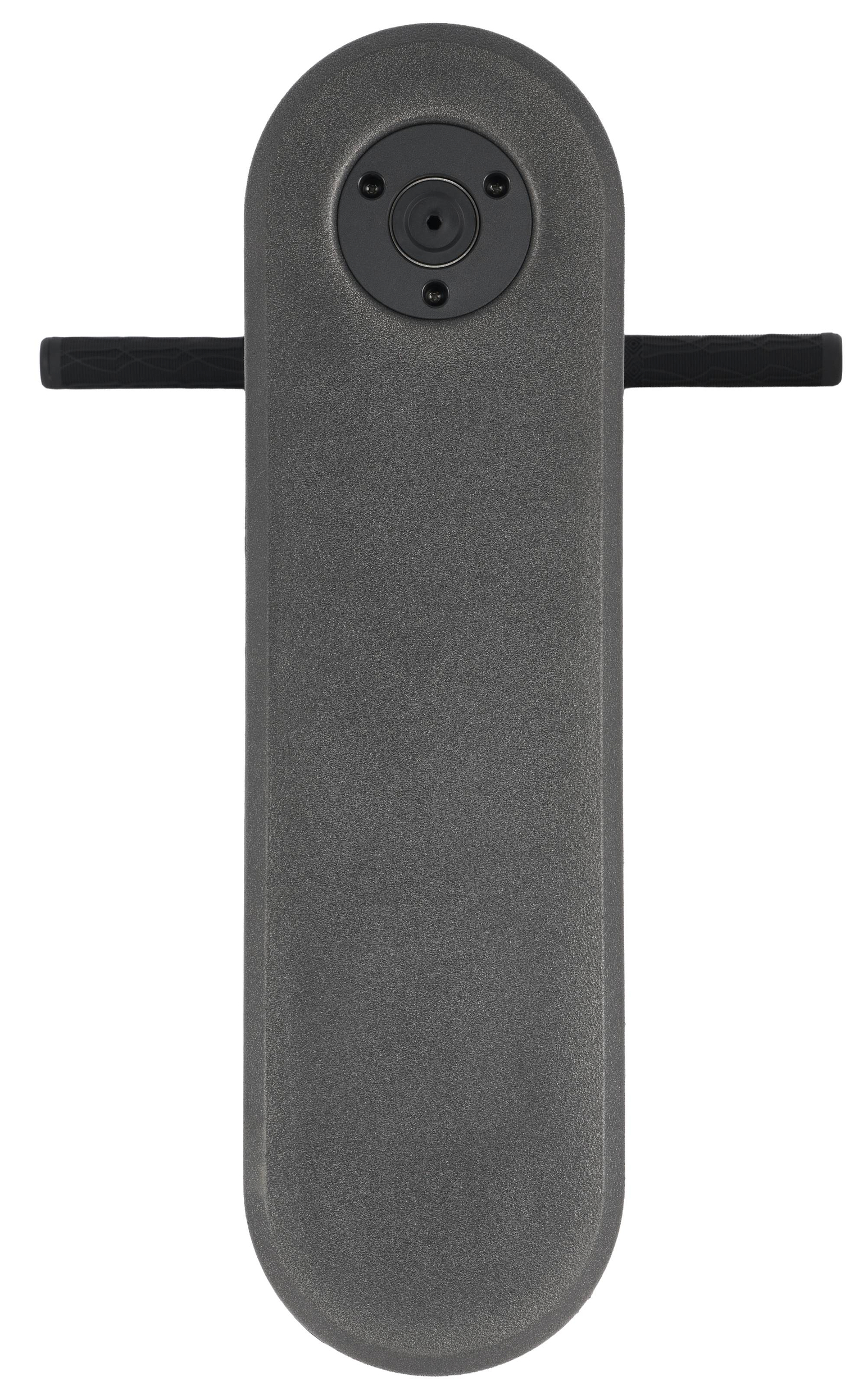 A Legacy Rebound Indoor Trampoline Scooter by Legacy, shown in sleek Electro Black and viewed from above, displays a central platform with two footrests extending horizontally from each side—featuring a design inspired by the brand’s innovative approach to personal mobility.