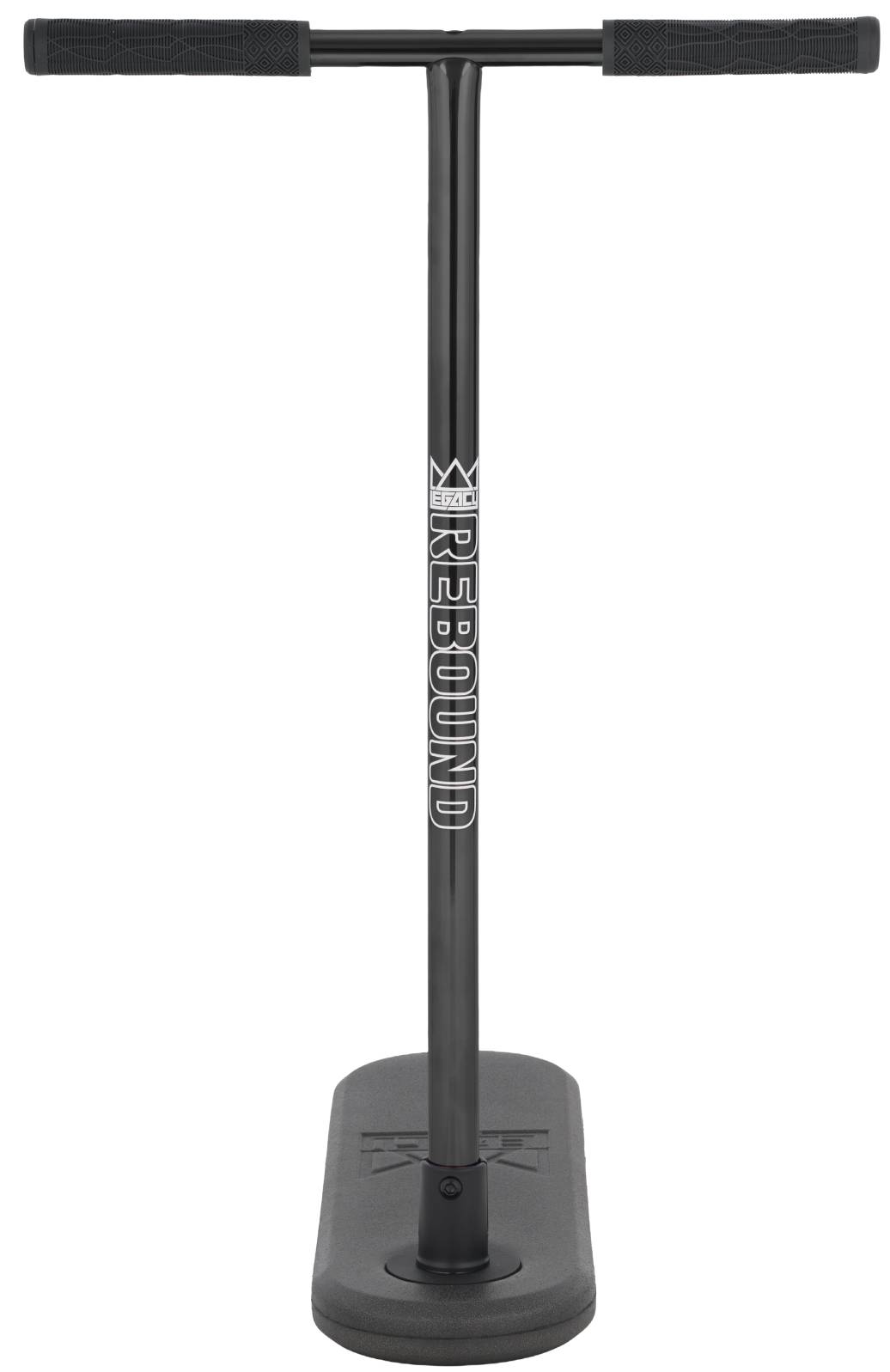 The Legacy Rebound Indoor Trampoline Scooter in Electro Black, featuring a wide rubber platform base and the “REBOUND” label on its vertical bar, is displayed from the front against a white background—ideal for fans seeking bold style and performance from Legacy.