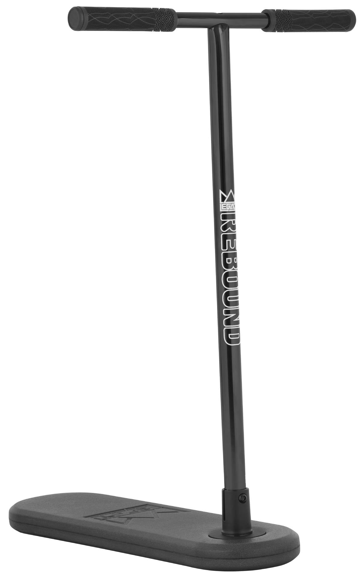 Legacy Rebound Indoor Trampoline Scooter - Electro Black by Legacy features a rectangular, flat foam base and upright handlebars labeled “REBOUND.” Designed for indoor use without wheels, it’s perfect for practicing trampoline scooter tricks.
