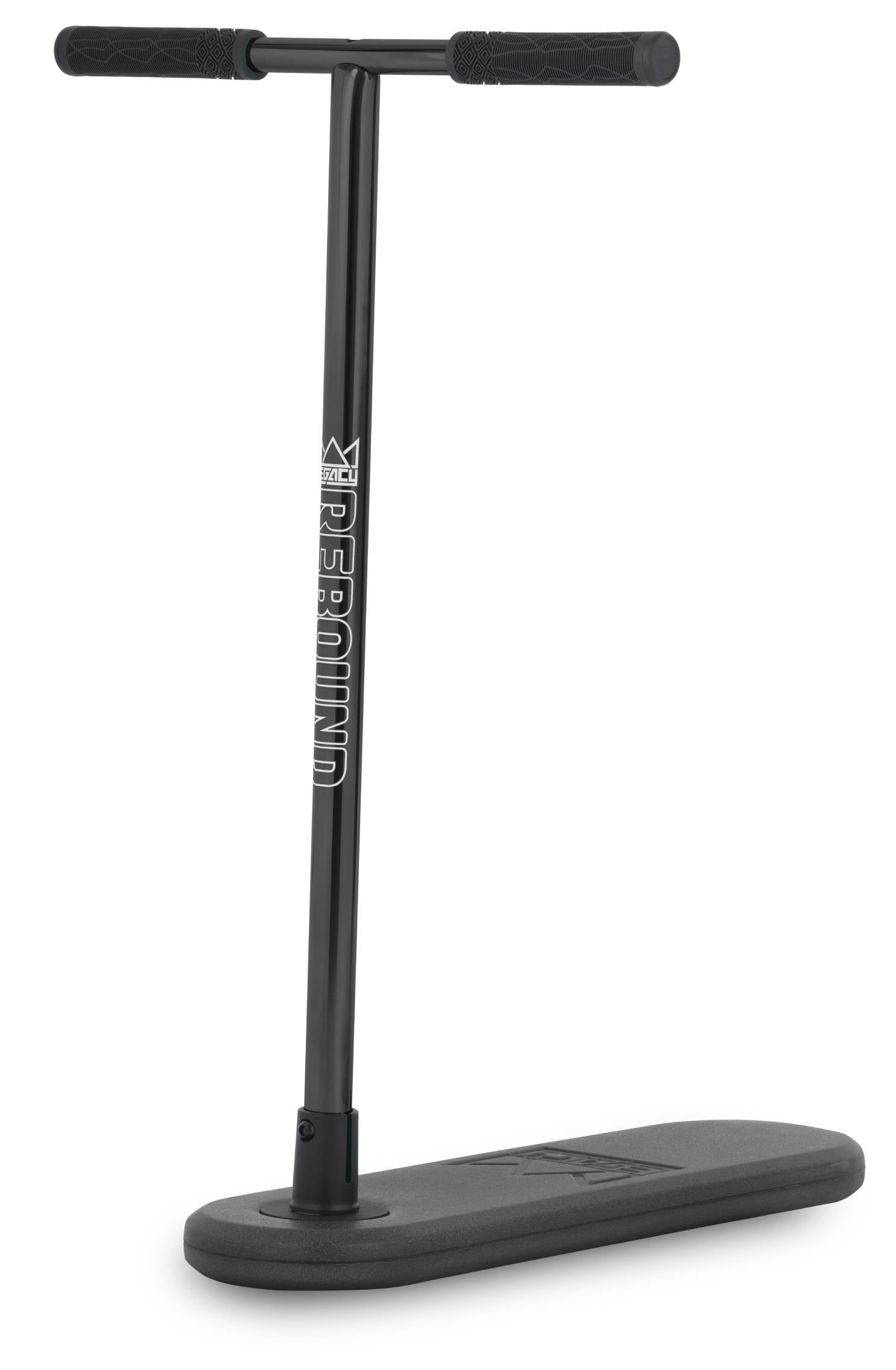 The Legacy Rebound Indoor Trampoline Scooter in Electro Black, by Legacy, features a T-shaped handlebar for standing and balance training—perfect for developing the agility needed for trampoline scooters—displayed on a white background.