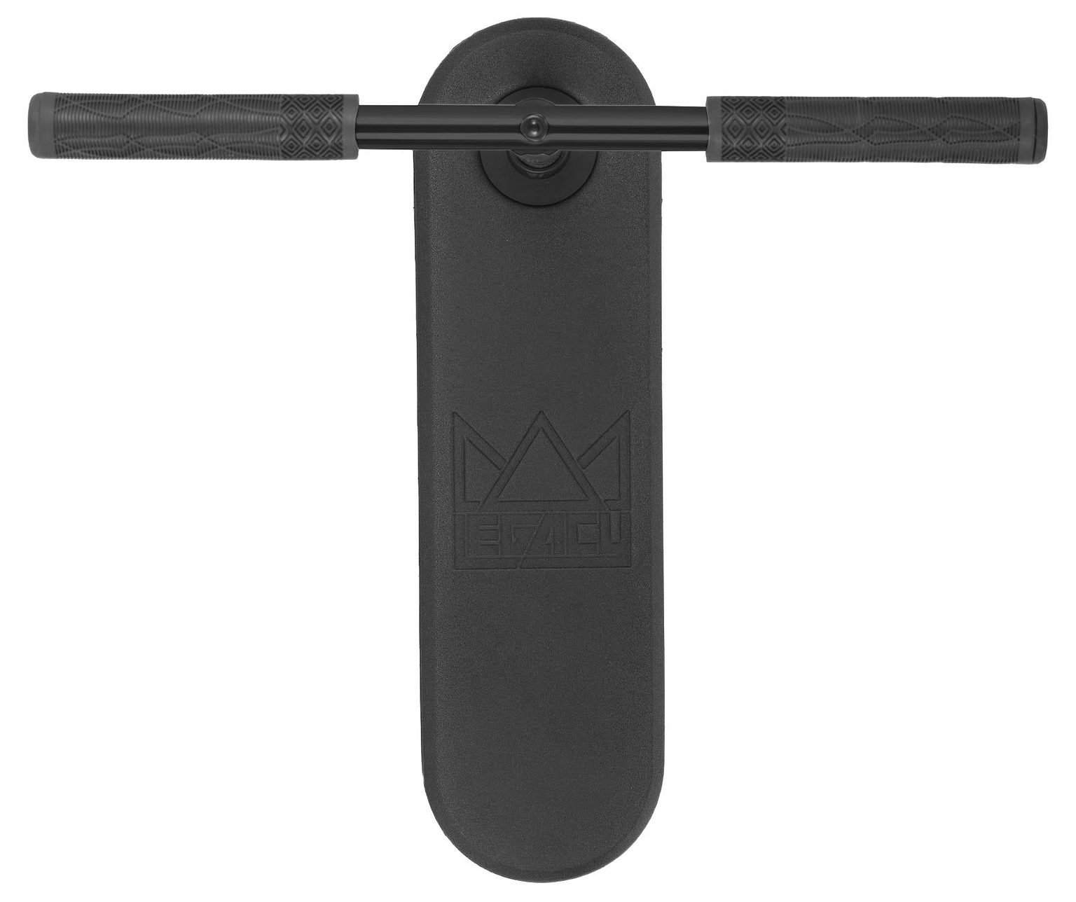 Legacy Rebound Indoor Trampoline Scooter by Legacy in Electro Black, featuring textured rubber grips on the black handlebar and a black deck adorned with a crown-shaped logo. Captured from above against a white background, this scooter showcases premium design and quality reminiscent of high-end trampoline scooters.