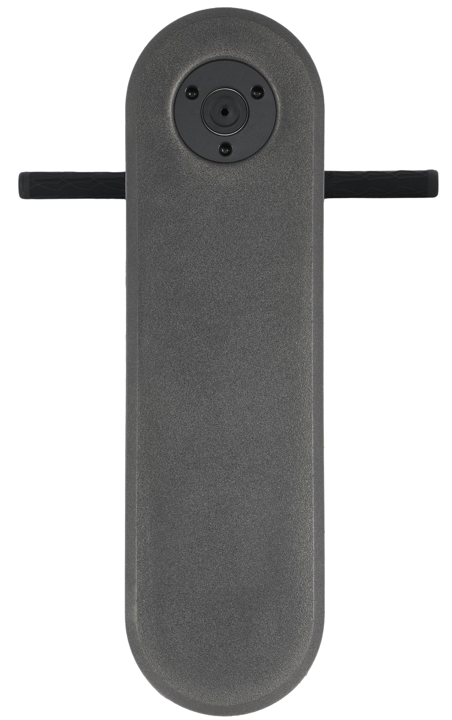 A modern, oval-shaped Legacy Rebound Indoor Trampoline Scooter by Legacy, finished in striking black with sleek Electro Gold accents, features a central circular detail and two horizontal handlebars extending from either side—blending contemporary style into a legacy-inspired design.