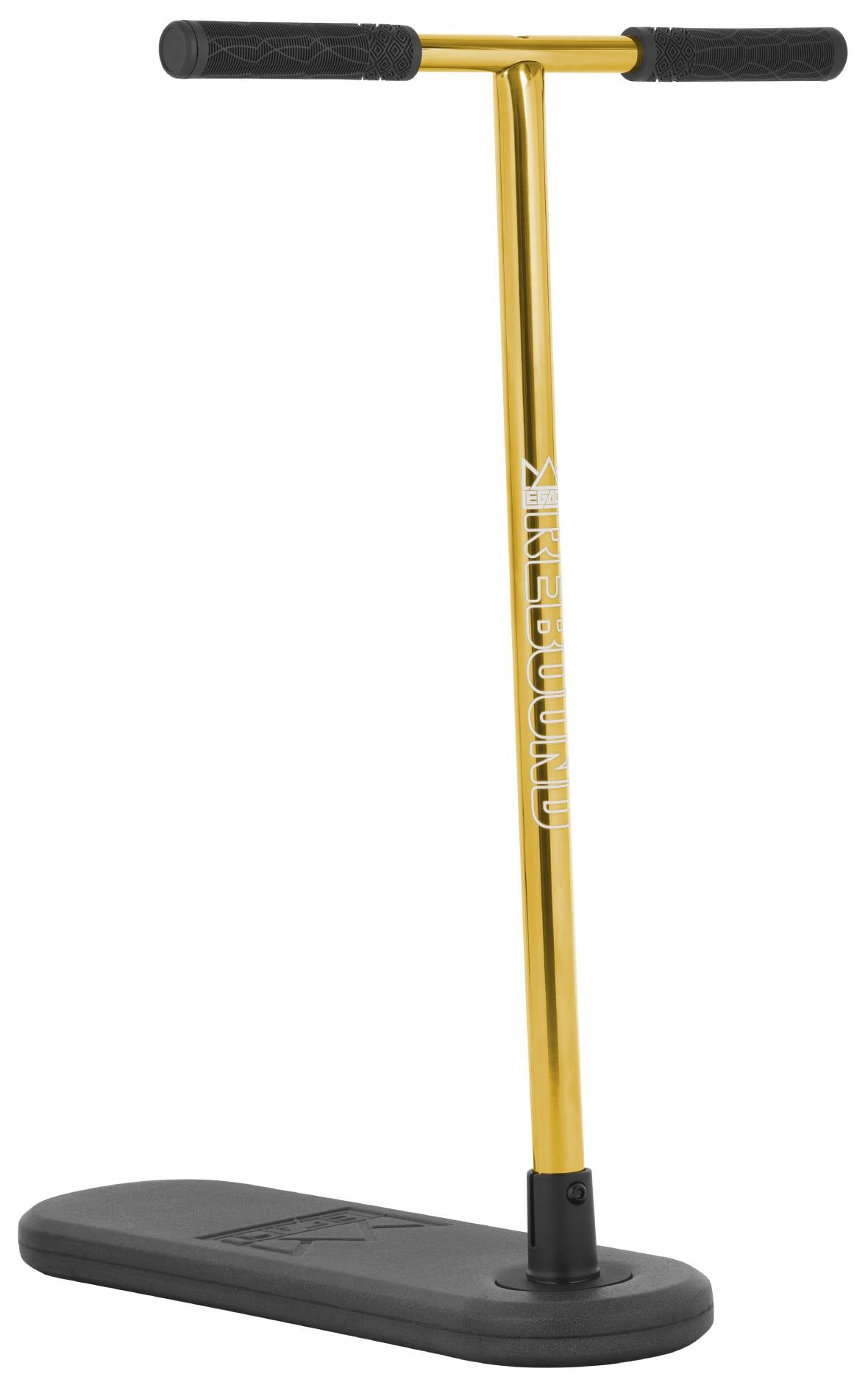 Introducing the Legacy Rebound Indoor Trampoline Scooter - Electro Gold by Legacy: featuring a vibrant yellow T-shaped handlebar with black grips, mounted on a sleek black oval base. This unique scooter is reminiscent of a pogo stick or balance trainer—just without wheels or springs, offering an exciting new way to bounce and balance indoors.