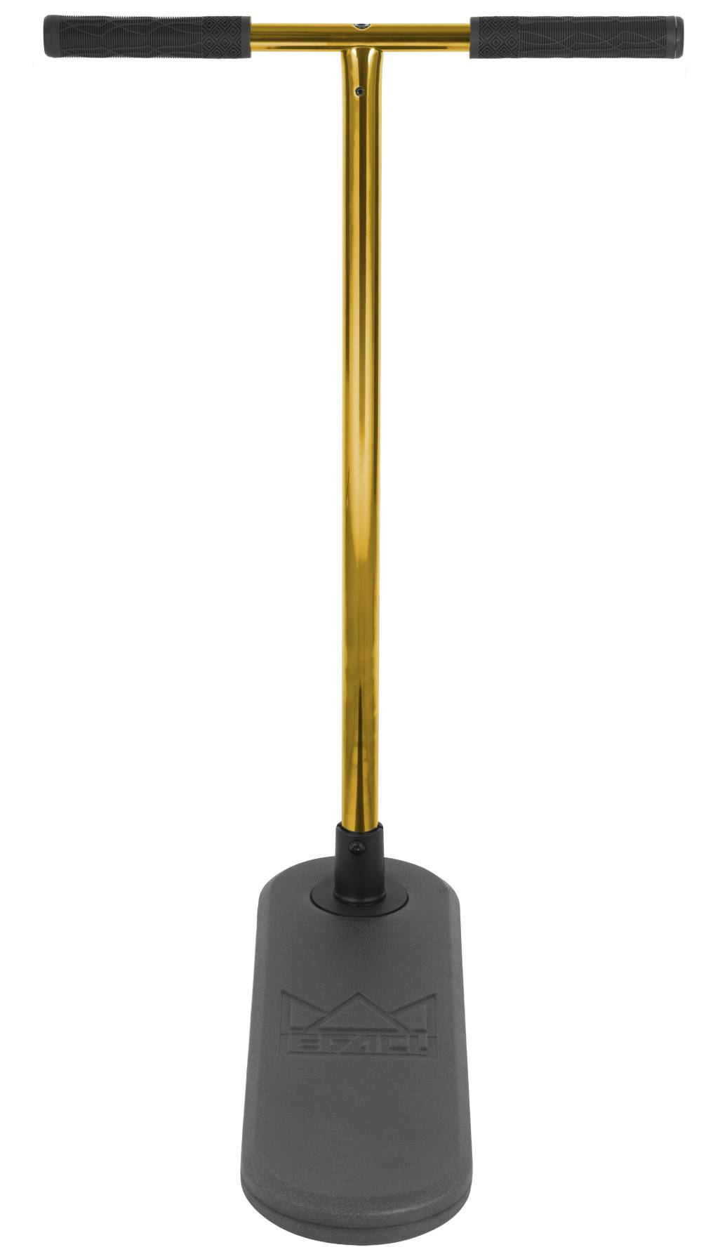 The Legacy Rebound Indoor Trampoline Scooter by Legacy, shown against a white background, features an Electro Gold handle with a black grip and a wide, flat black base reminiscent of a trampoline scooter.