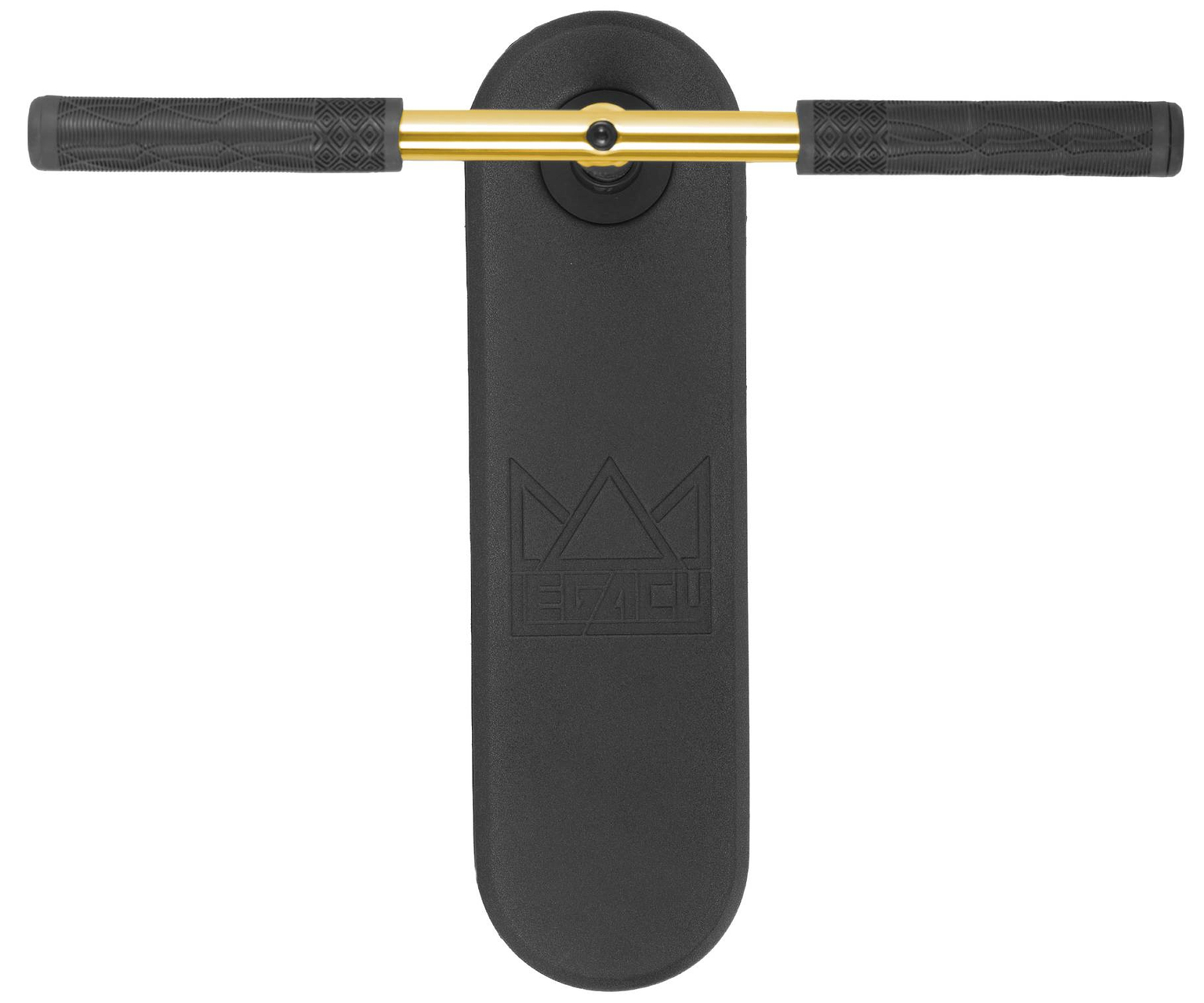 A top-down view of the Legacy Rebound Indoor Trampoline Scooter by Legacy reveals its black balance board, accented with a gold handlebar and black rubber grips. The board is adorned with an embossed geometric crown logo at the center, while its stylish Electro Gold finish evokes the sophistication of the Legacy Rebound collection.