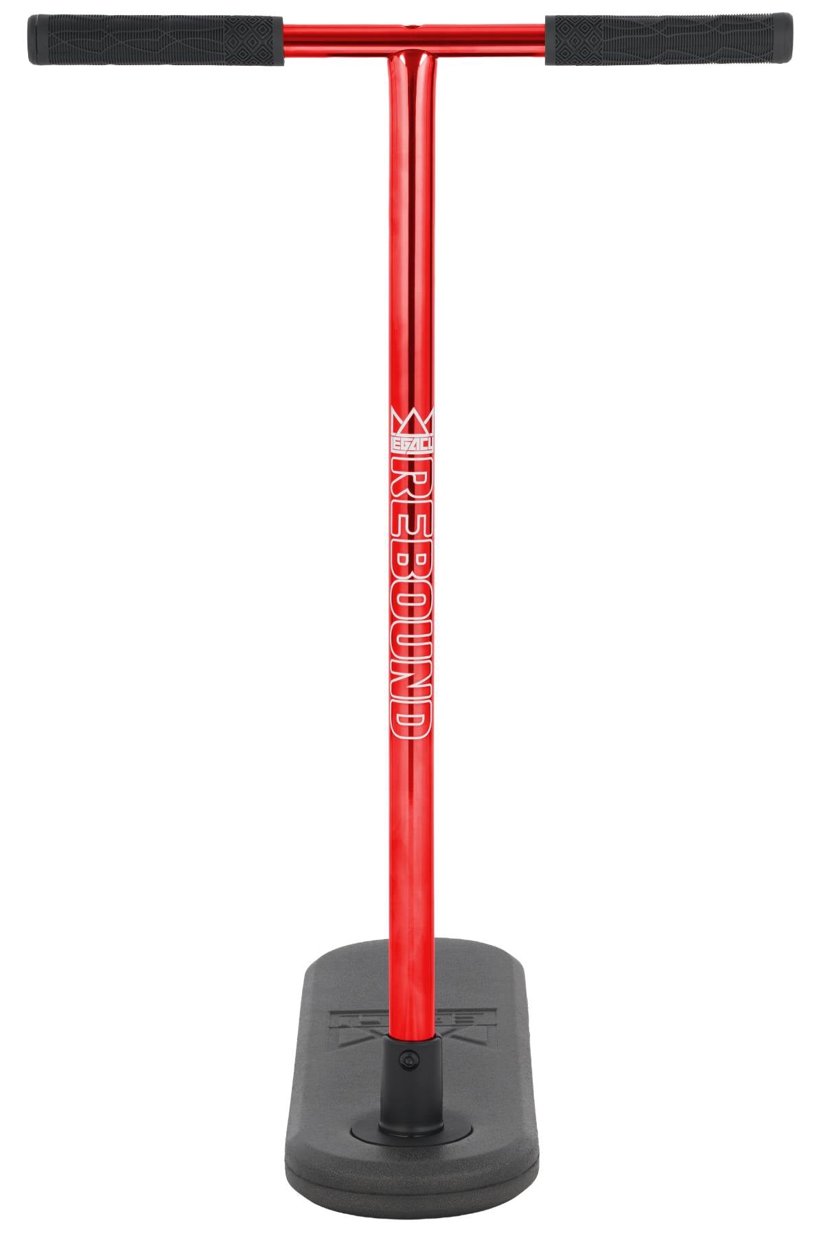 The Legacy Rebound Indoor Trampoline Scooter - Electro Red by Legacy features a striking red design with black handlebars and a black foot base, stands upright with “REBOUND” printed vertically on the front, and is perfect for trick training as part of the Legacy Rebound collection.