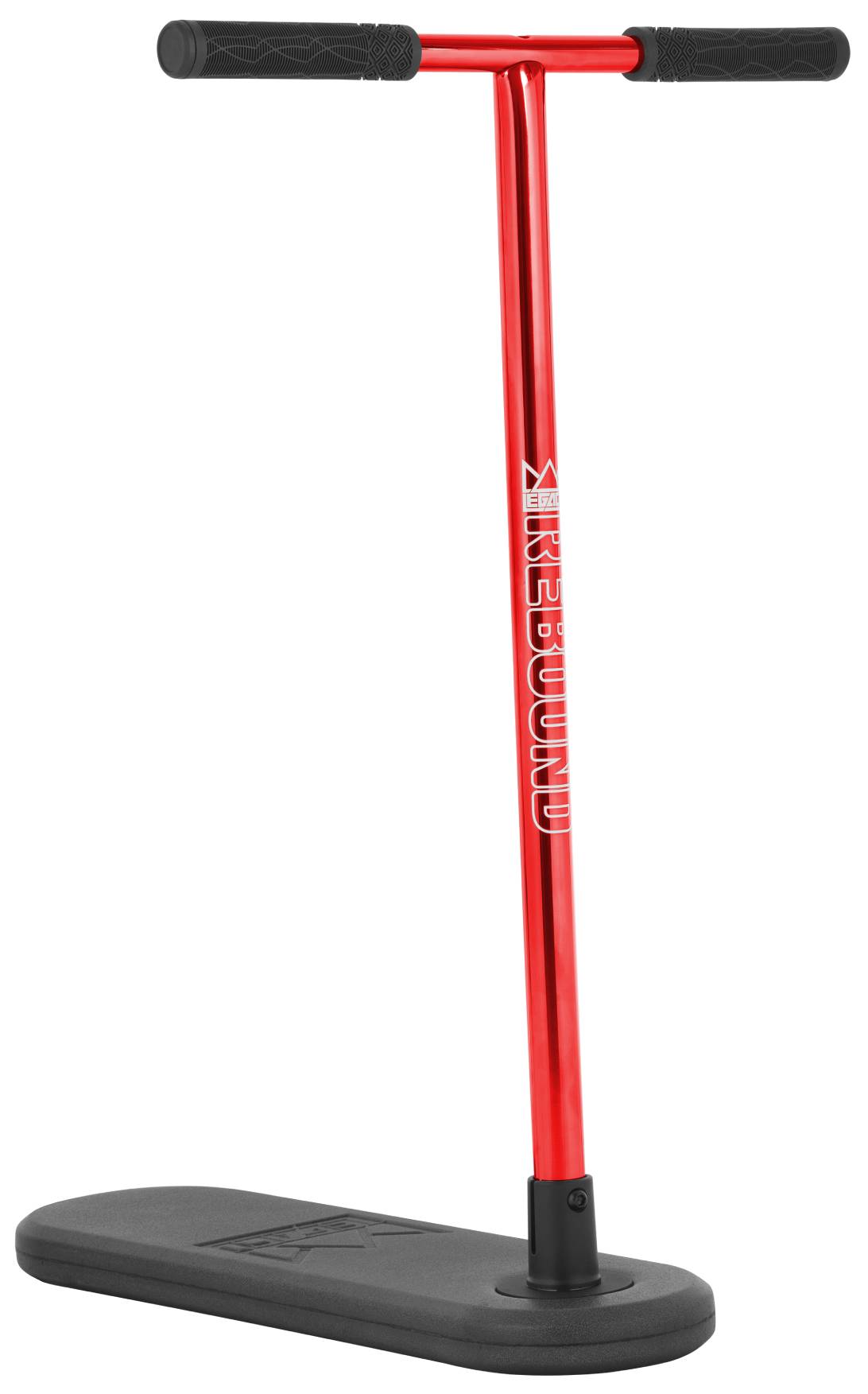 Introducing the Legacy Rebound Indoor Trampoline Scooter in Electro Red, featuring black rubber handles and a sturdy black rectangular base. Designed by Legacy for safe indoor bouncing or trick training, this pogo stick showcases the word “REBOUND” printed vertically on its stem.