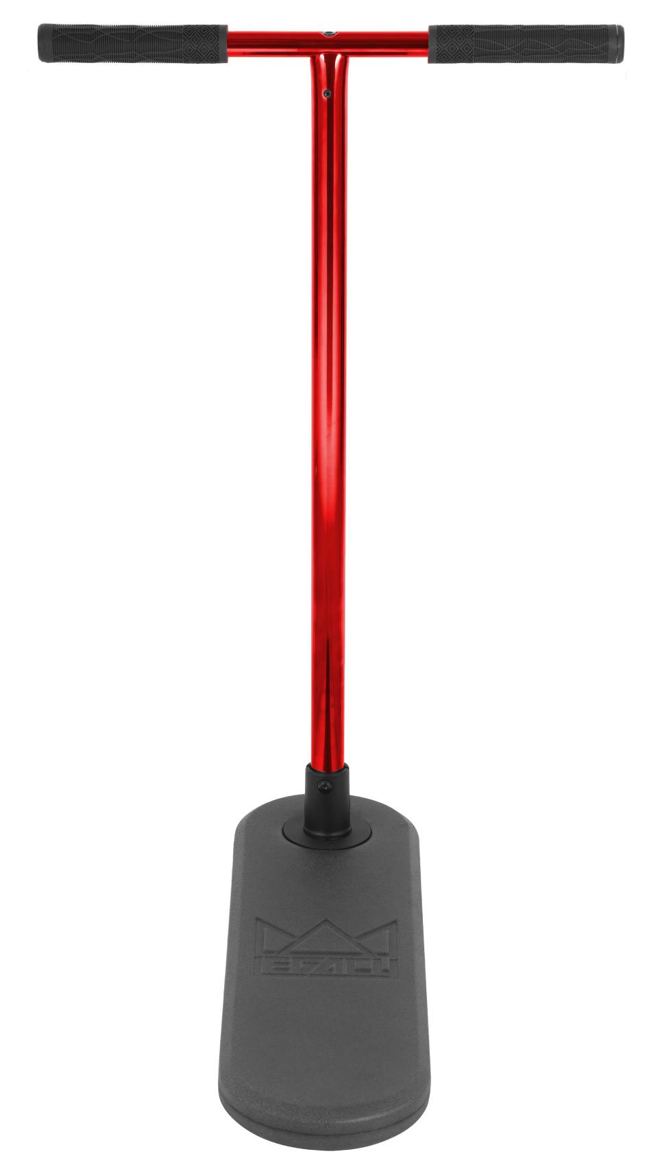 The Legacy Rebound Indoor Trampoline Scooter - Electro Red by Legacy features a red handle, black grips, and a gray rectangular base inspired by Legacy Rebound trick training equipment. Designed for standing balance exercises, it is displayed against a white background.