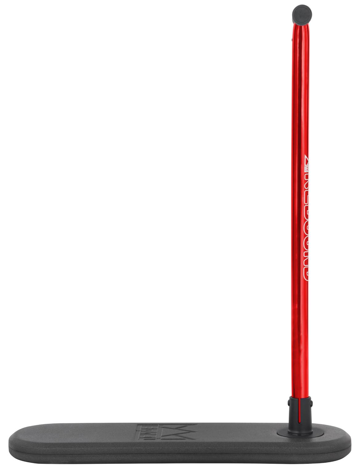 A Legacy Rebound Indoor Trampoline Scooter in Electro Red, from Legacy, stands upright with a black-tipped handle and rectangular black base, set against a white background.