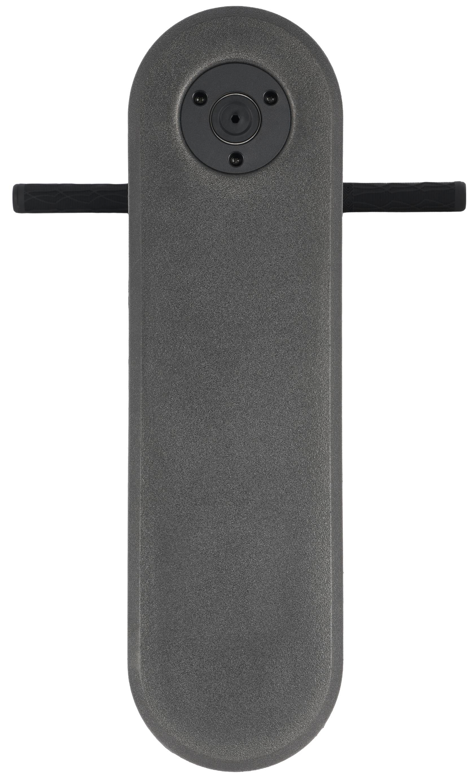 A top view of the Legacy Rebound Indoor Trampoline Scooter - Blueray by Legacy, featuring a gray, oval-shaped electronic device with a central circular camera or sensor and two horizontal black handles extending from the sides, showcasing its innovative design for practicing tricks with enhanced stability and control.