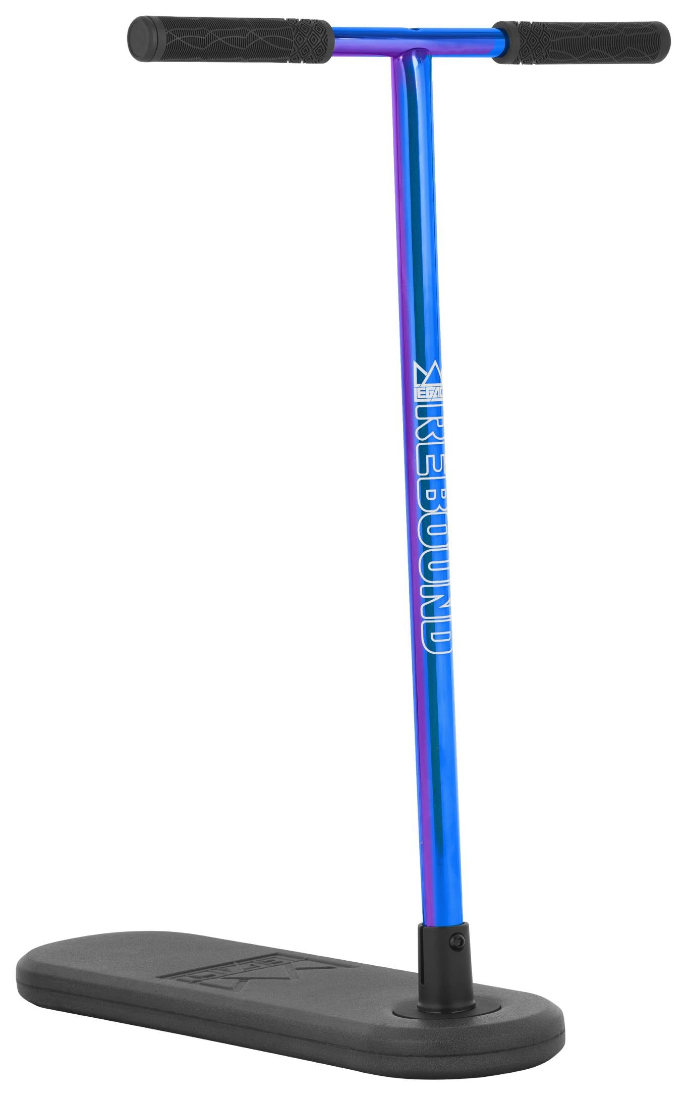 Introducing the Legacy Rebound Indoor Trampoline Scooter - Blueray by Legacy. This balance trainer features a blue and purple handlebar, black grips, and a sturdy black base—perfect for practising tricks and perfecting your skills indoors, just like on a trampoline scooter. The word “REBOUND,” representing the Legacy Rebound series, is prominently printed on the vertical bar.