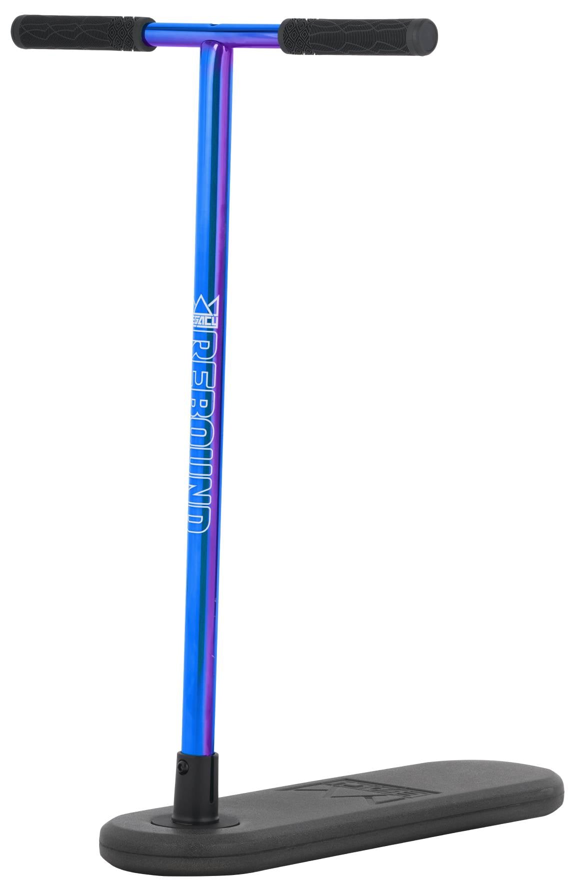 Introducing the Legacy Rebound Indoor Trampoline Scooter - Blueray by Legacy, featuring a blue and purple T-shaped design with black rubber handles and a long black base. Perfect for indoor or outdoor use, this scooter is ideal for anyone looking to practice tricks or enjoy the trampoline scooter experience.