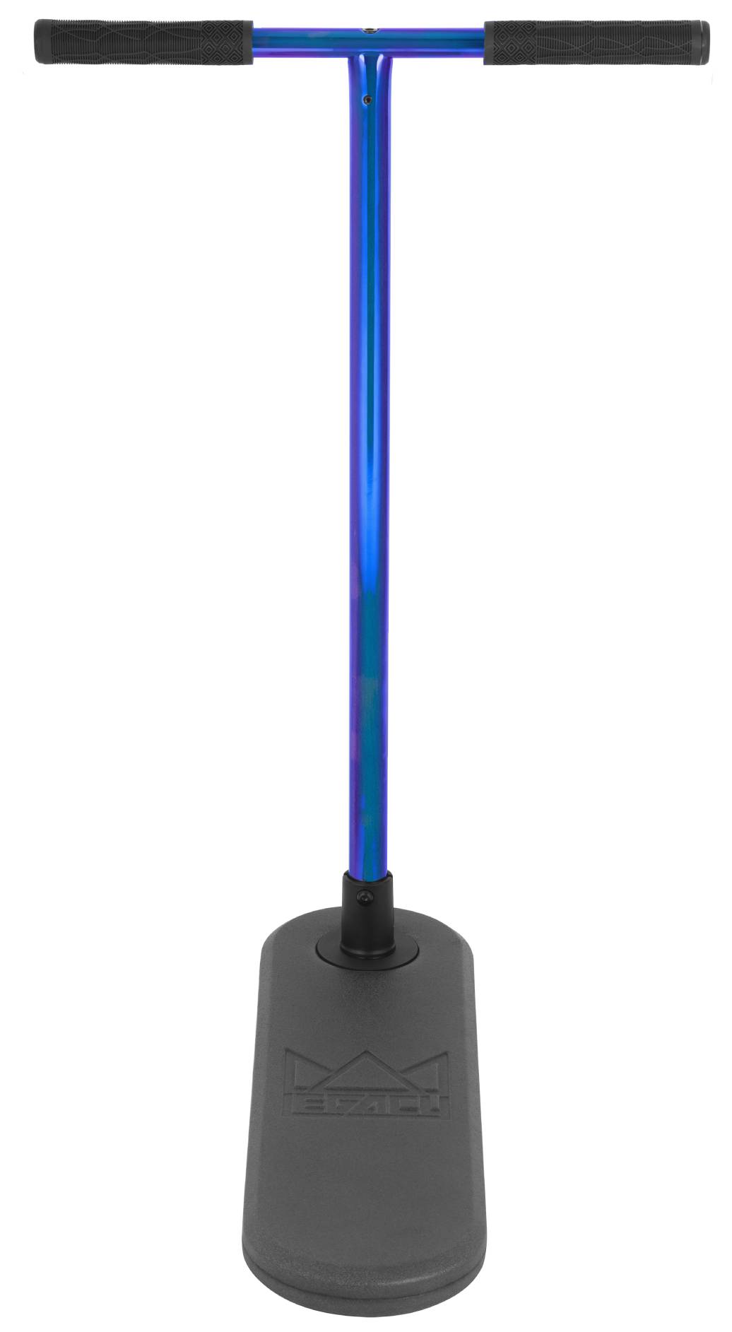The Legacy Rebound Indoor Trampoline Scooter - Blueray by Legacy is shown upright against a white background, featuring a blue handle with black rubber grips and a wide black rectangular base—perfect for practicing tricks and improving your skills.