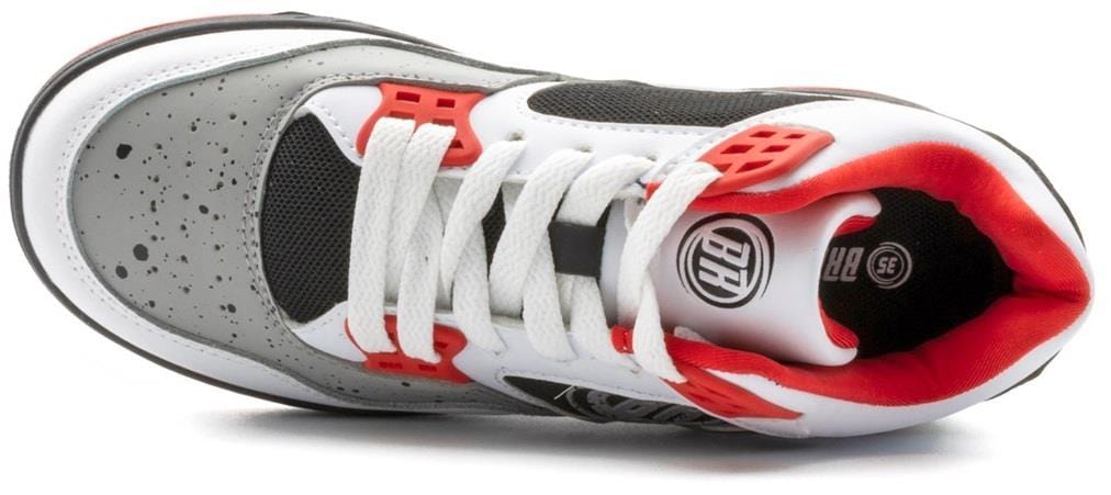 A top view of Breezy Rollers Jumper Shoes by Breezy Rollers in white, grey, and red, featuring white laces, a speckled grey toe, black mesh panels, red accents, and a patented hidden wheel system in the white and red lining.
