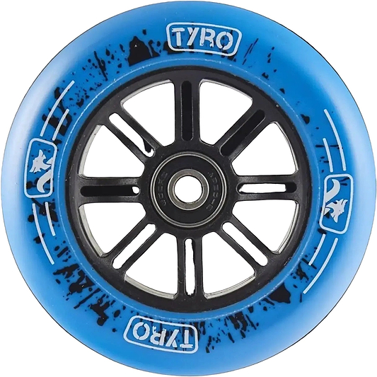 A close-up of the Longway Tyro 110mm Nylon Core Scooter Wheel in blue, featuring black splatter designs, white "TYRO" branding, black center spokes, and a durable nylon core from Longway.