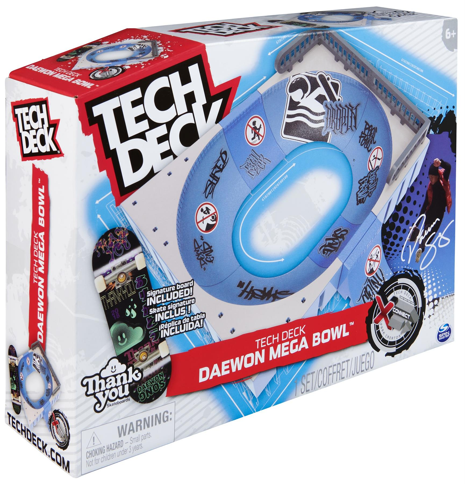The Tech Deck X-Connect Fingerboard Daewon Mega Bowl box displays a blue skate park, mega bowl ramp, bold Tech Deck logos, and product details. Includes age warning: for ages 6+.