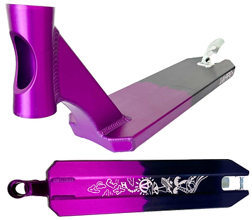 The Apex Pro Life's a Beach Special Edition Scooter Deck (5" x 19.3") by Apex features a purple and black finish, silver brake, sleek top design, and white graphics on the black underside for standout style.
