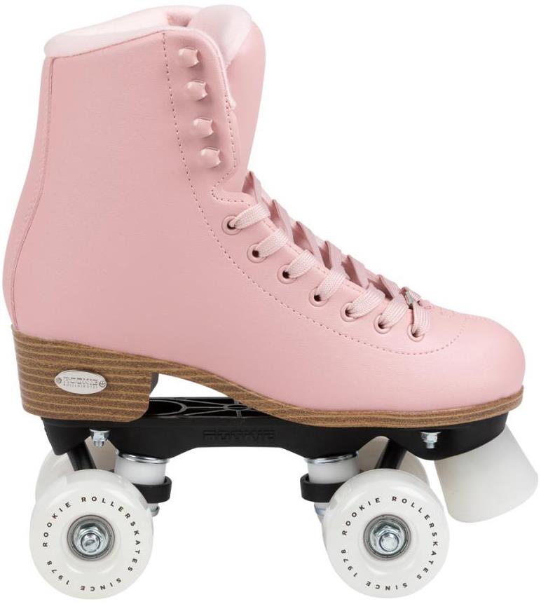 The Rookie Classic 78 Quad Roller Skates - Pink by Rookie feature a high-top pink boot with white laces, a brown heel, and four white wheels, offering timeless classic skate style.
