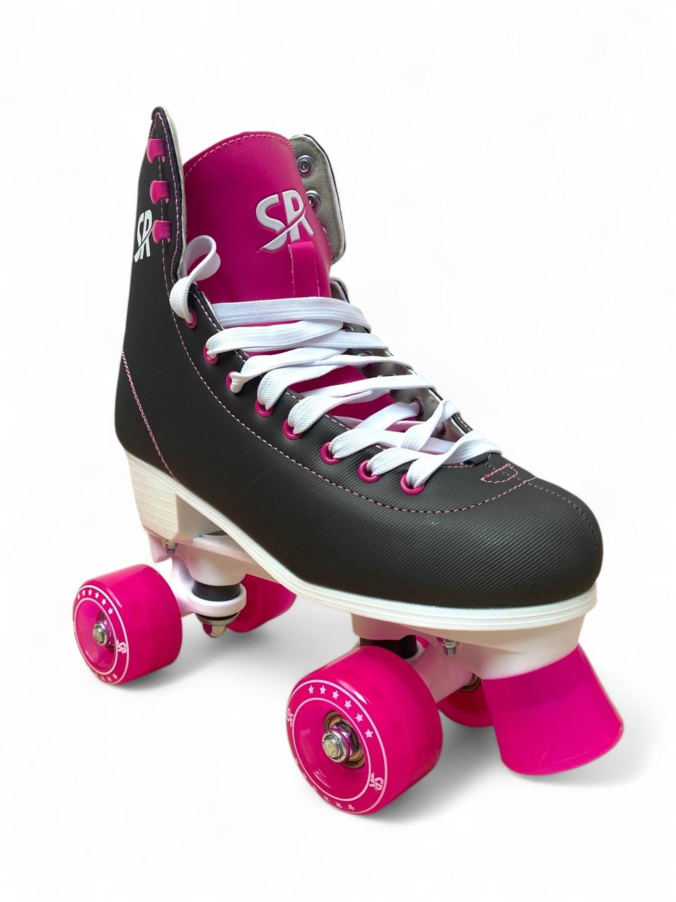 The Supreme Malibu Quad Roller Skates – Black / Pink by Supreme feature black and pink design, white laces, pink wheels, and a white sole—ideal for outdoor fun, shown on a plain white background.