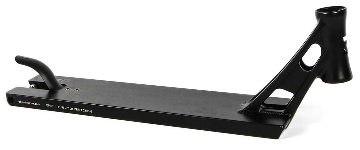 The Root Industries AIR Boxed Black Stunt Scooter Deck (5.1" x 22") features an integrated head tube, cutout design, rear brake, and "Pursuit of Perfection" text—ideal for pairing with AIR Hollowcore Wheels.