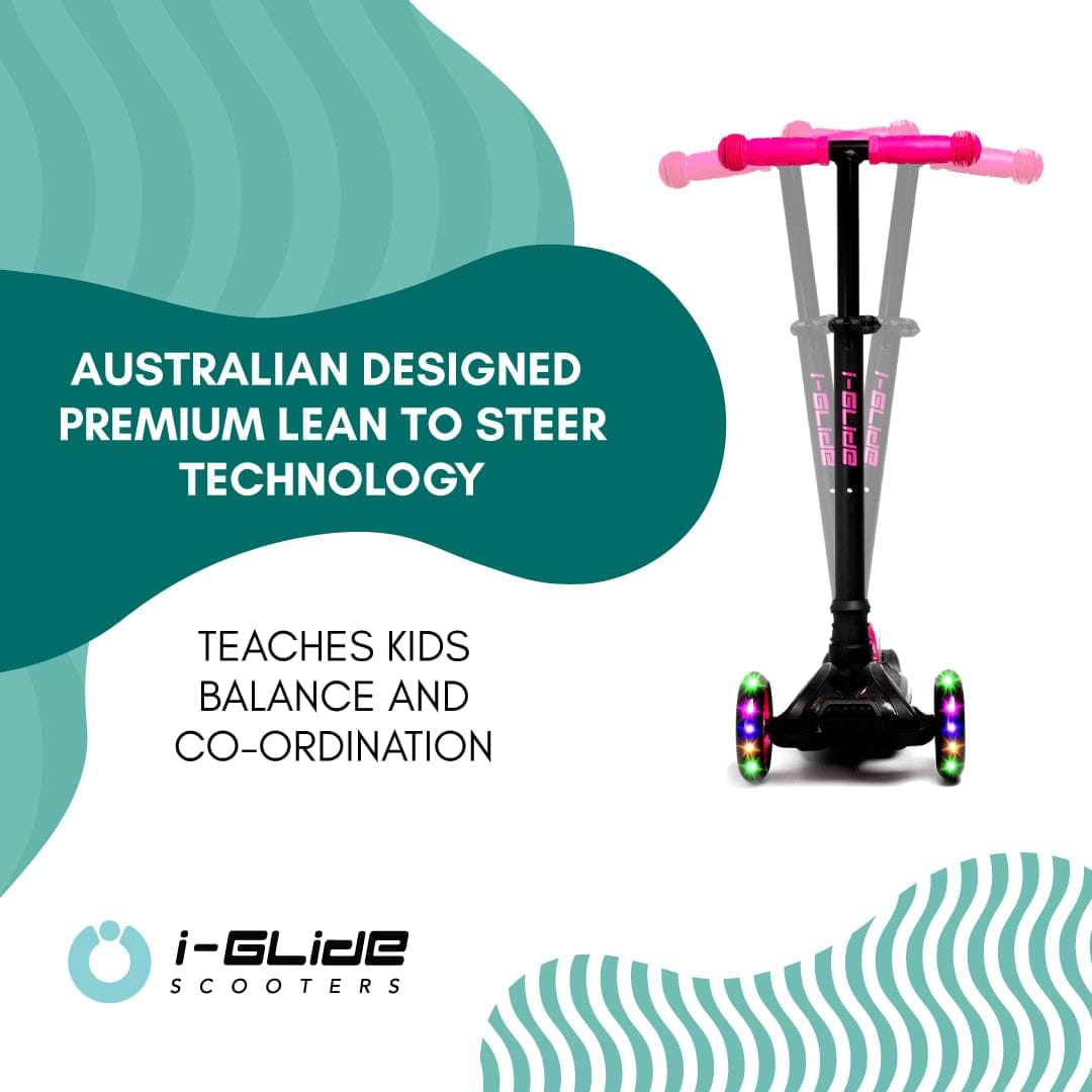 Visual representation featuring the i-Glide 3-Wheel LED Kids Scooter in Black/Pink, highlighting its pink adjustable handlebar and LED light-up wheels. The text emphasizes "Australian Designed Premium Lean to Steer Technology" and mentions how it aids in teaching kids balance and coordination. Green abstract shapes in the background further enhance its visual appeal.