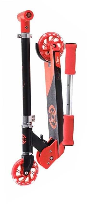 The CORE Foldy Kids LED Foldable Kick Scooter in black/red features vibrant LED wheels and red handle grips with a logo on its frame. It's designed to be compact and portable, with an adjustable handlebar for personalized comfort.