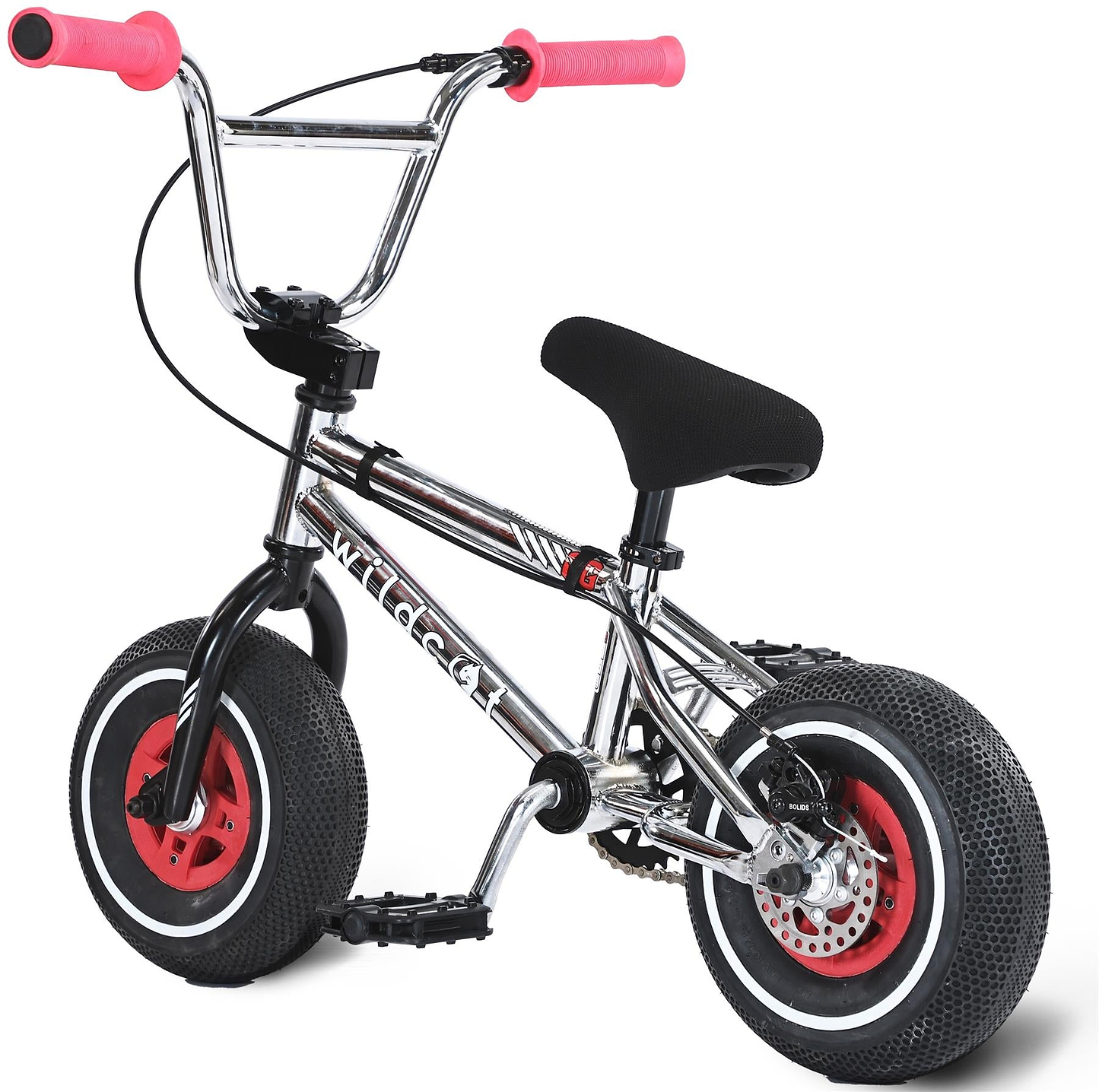 The Wildcat OG 3A Mini BMX Bike - Galaxy Red features a small chrome frame with "WILDCAT" branding, PRO Street 65PSI tyres, red CNC aluminum rims, pink handlebar grips, and a black seat.