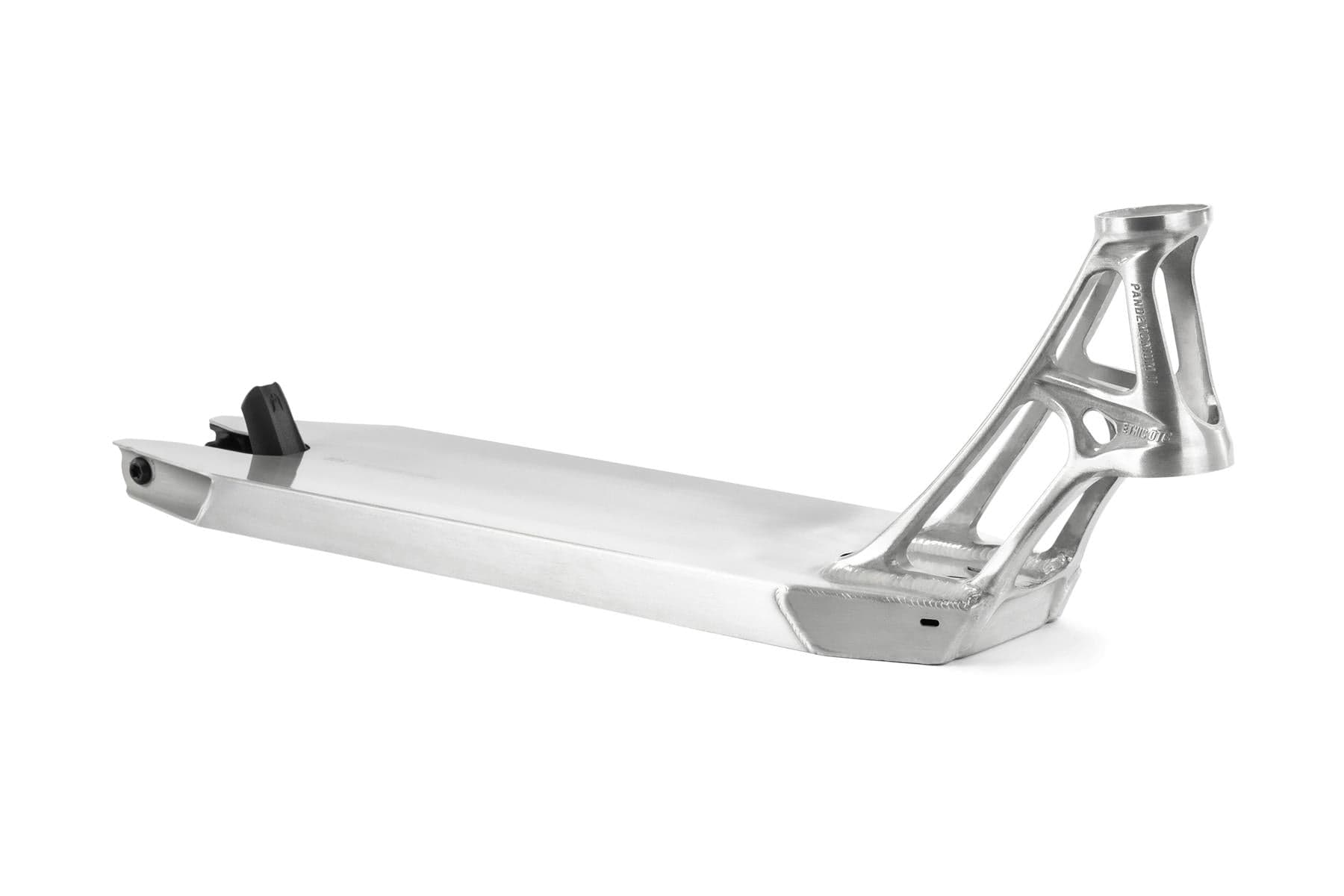 The Ethic DTC Pandemonium V2 Raw Stunt Scooter Deck is a raw scooter deck with a sleek, angular design. Made from 6061-T6 aluminum, it features a shiny metallic finish with an integrated wheel mount and a reinforced, stylized neck for attaching handlebars.