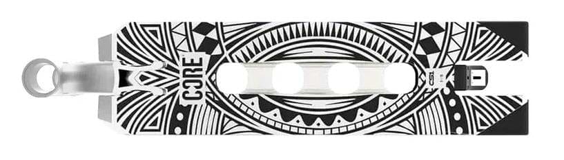 A skateboard deck showcasing a complex black and white geometric design filled with symmetrical patterns, circular shapes, and sharp angles features the phrase "CORE CL1 Chrome Stunt Scooter Deck" printed on the left side, highlighting its lightweight build ideal for park-oriented scooter enthusiasts.