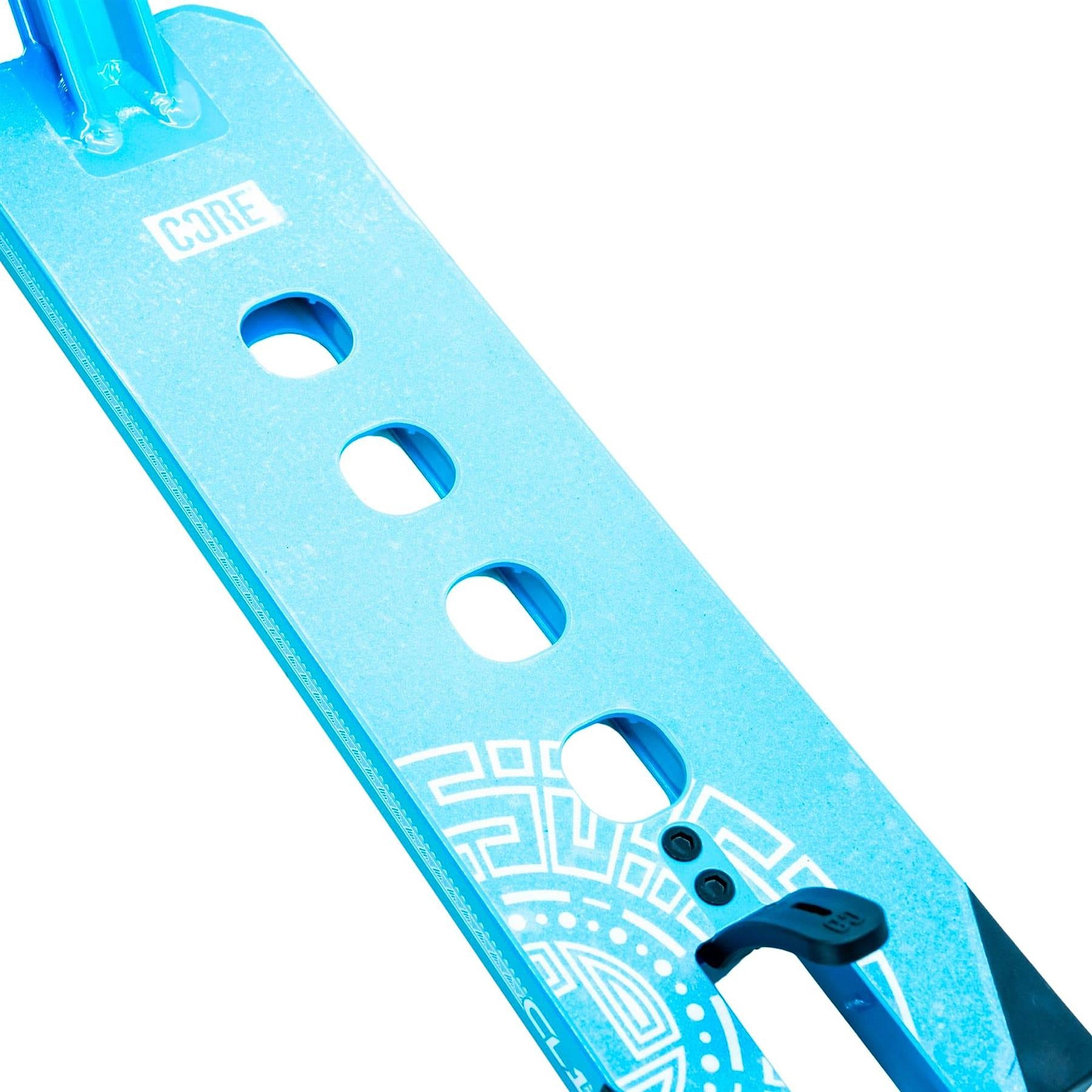 Close-up of the CORE CL1 Teal "Turtlesent" Stunt Scooter Deck (5" x 19") by CORE, featuring a blue deck, four cut-out holes, black rear brake, white geometric patterns near the brake, and a visible CORE logo.