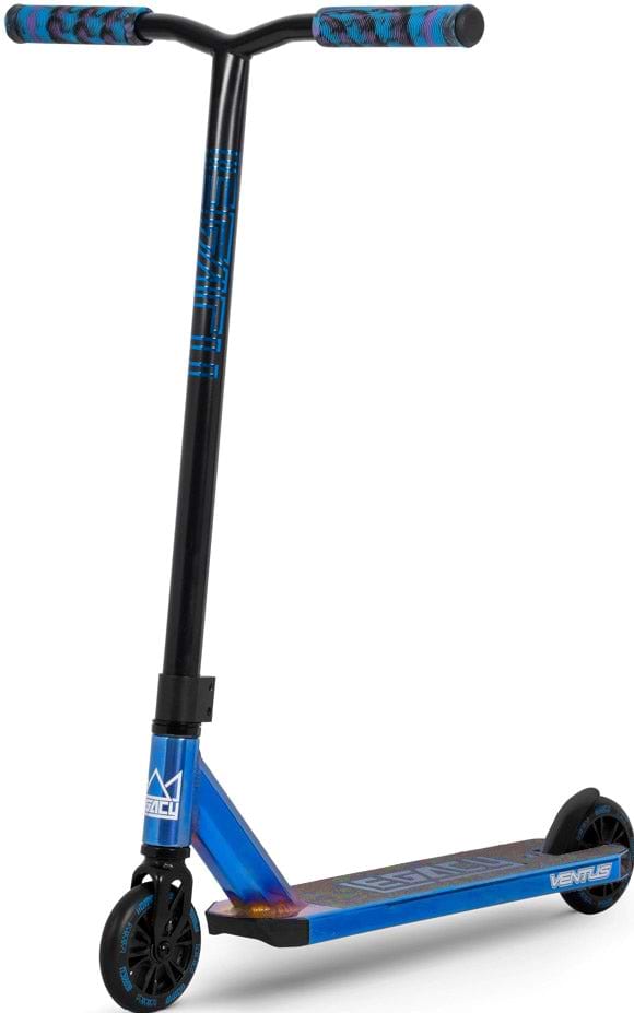 The Legacy Ventus Complete Stunt Scooter - Blu Ray Chrome by Legacy features a T-shaped handlebar, colorful grips, two small wheels, and a deck with "VENTUS" and geometric design—ideal for skatepark tricks.