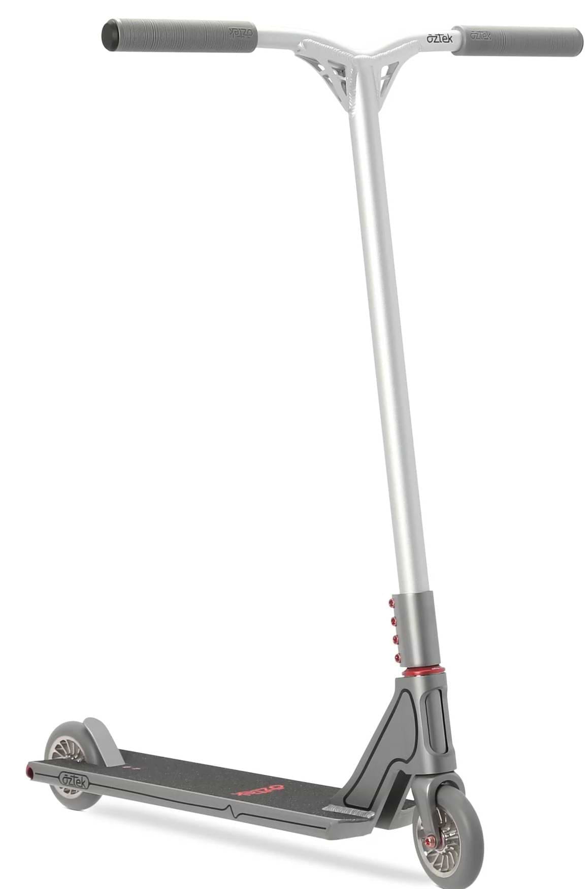The Aztek Fountain Complete Stunt Scooter - Grey by Aztek features black handlebar grips, a black foot deck, red accents, and two small wheels—ideal for skateparks—displayed against a white background.